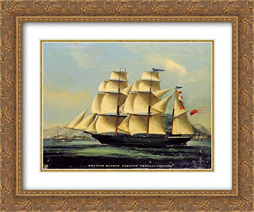 Antique 1866 Barque Geelong Off Hong Kong Art Print - 33x28 Gold Ornate Frame with Double Matting - Museum Quality Maritime Decor for Living Room, Office or Nautical Theme