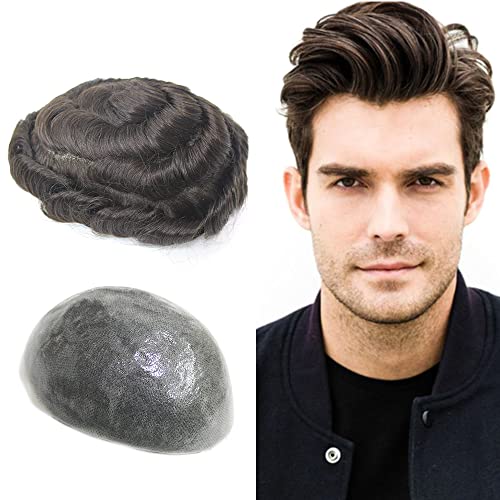 Atbering Men's Toupee with 100% Real European Human Hair - 8x10 Inch Hairpiece for Men - #2 Dark Brown - Natural Looking Hair Replacement for Thinning Hair & Baldness - Perfect for Daily Wear, Weddings & Special Events
