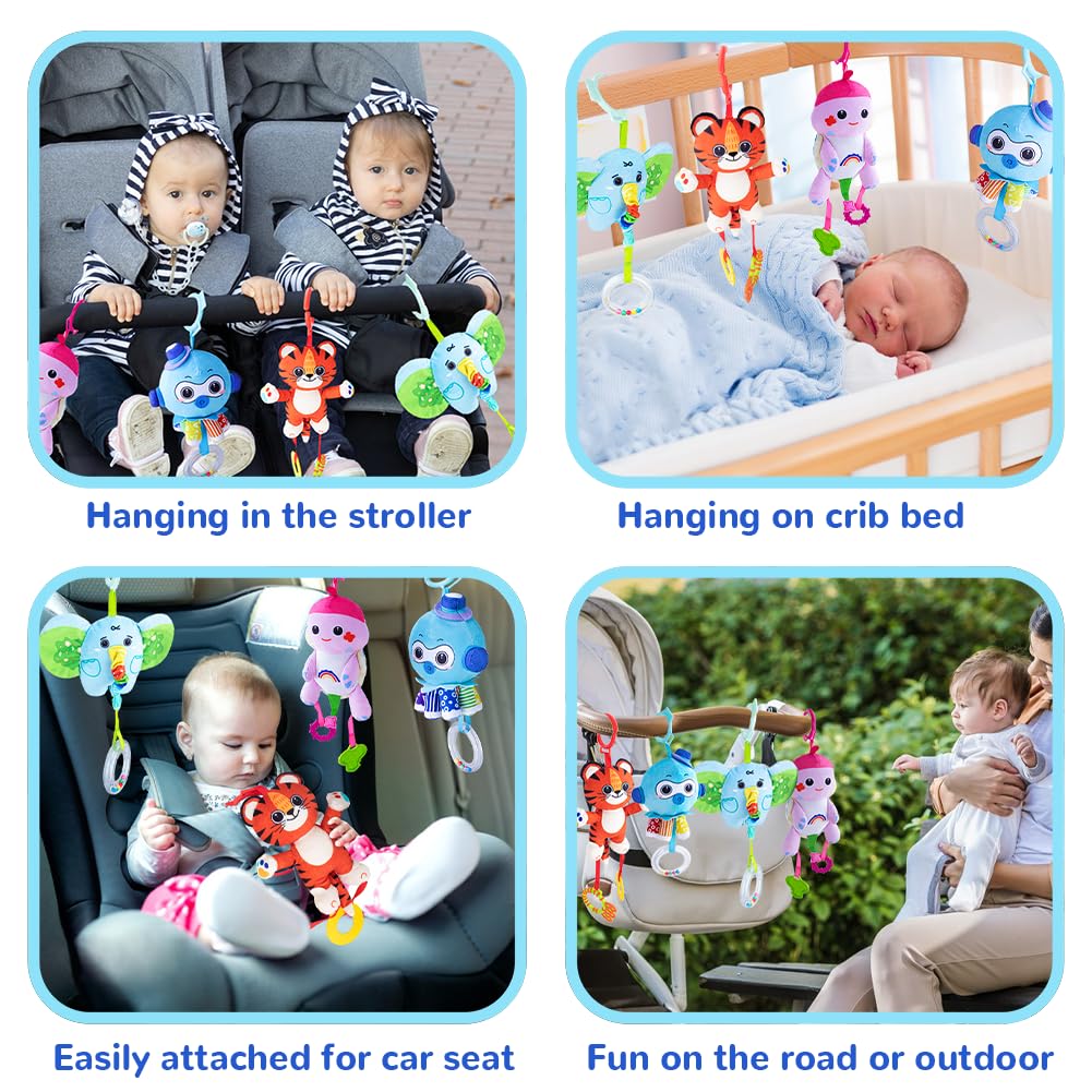 TeyToy Soft Plush Animal Hanging Baby Toys with Rattles, Teether & Squeaker - Early Development Stroller & Car Toys for Newborns 3-12 Months | Perfect Infant Birthday Gifts & Nursery Decor for Boys Girls