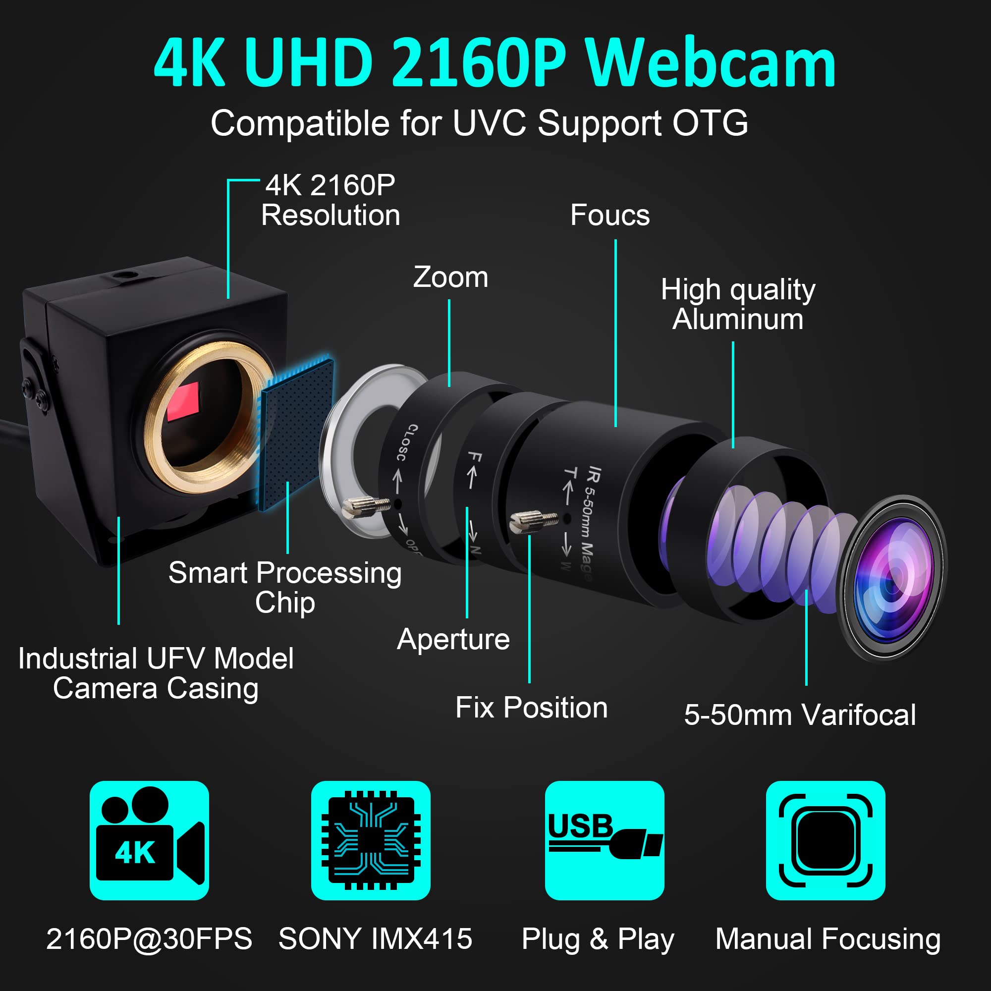 ELP 4K USB Camera Ultra HD 2160P Webcam with 10X Zoom & Variable Focus (5-50mm) - Plug & Play Web Conference Camera for Windows/Linux/Android/Raspberry Pi - Perfect for Video Calls, Live Streaming & Online Classes (Model: USB4K03-UFV)