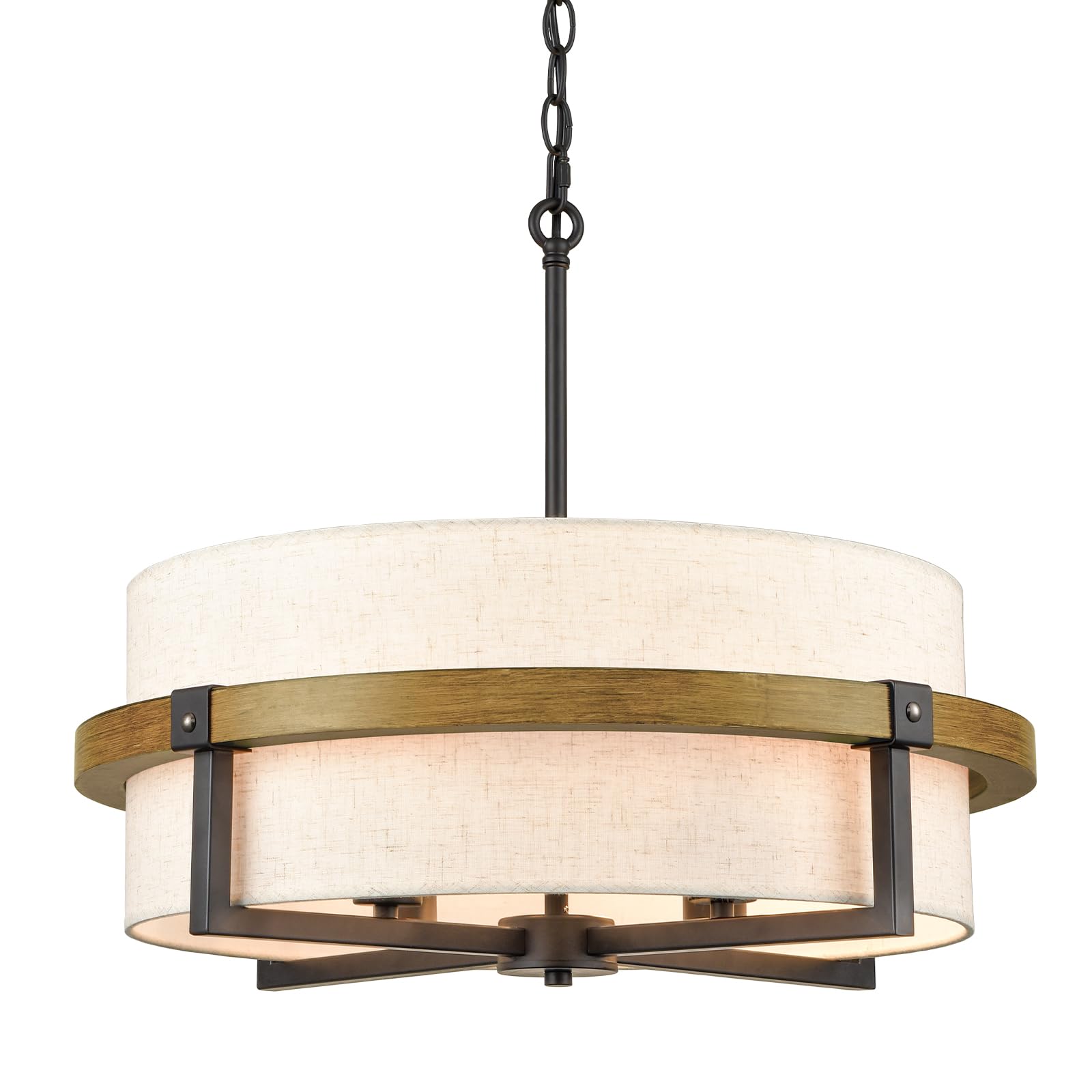Rustic Drum Chandelier - 4-Light Farmhouse Pendant Light with Off-White Fabric Shade for Dining Room, Kitchen Island & Bedroom Lighting | Vintage Industrial Ceiling Fixture