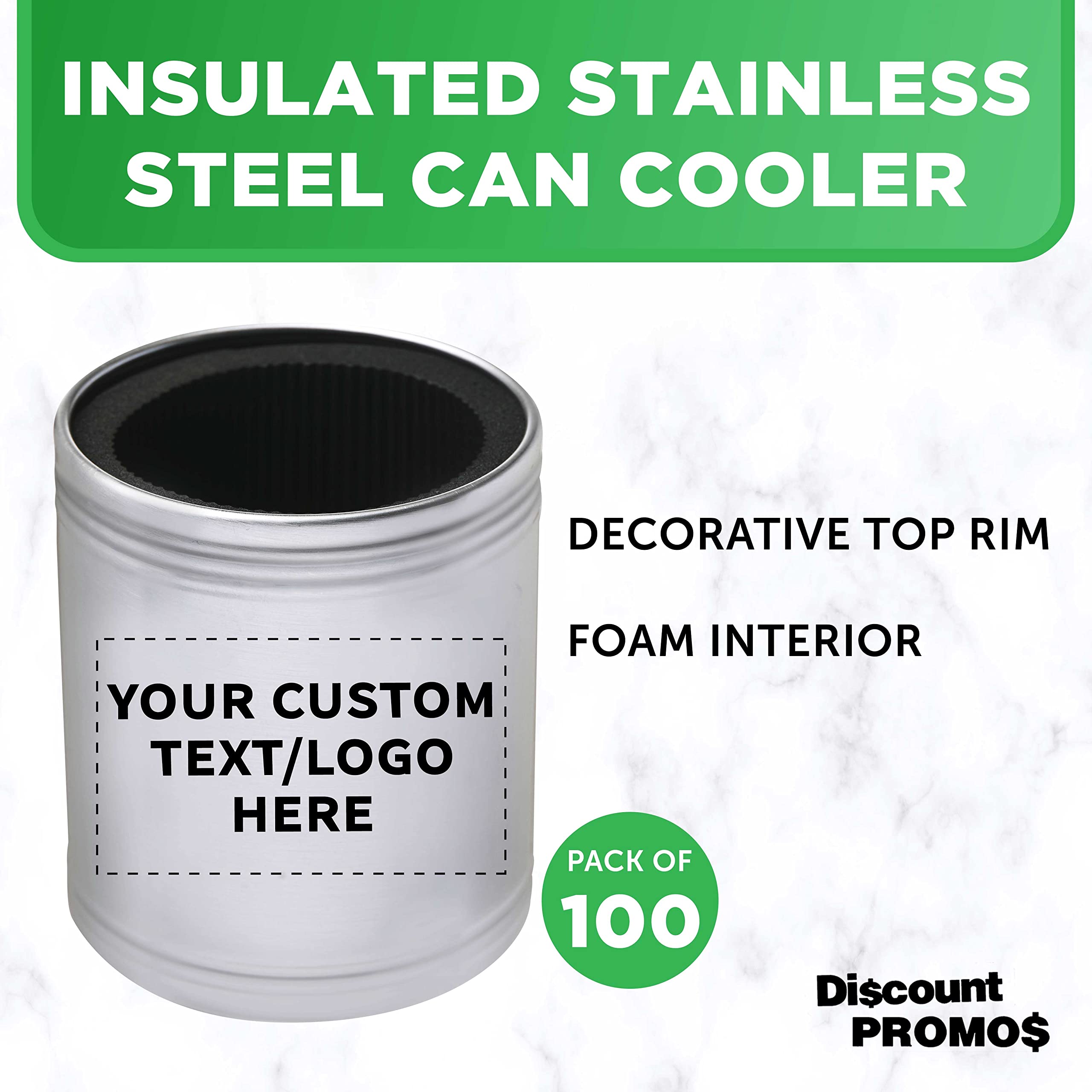 Custom Stainless Steel Can Coolers Set of 100 - Personalized Bulk Pack for Beer, Soda & Beverages - Silver - Perfect for Parties, BBQs, Bars & Outdoor Events