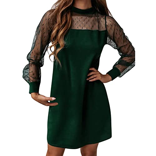 Elegant Lace Sleeve Long Shirt Dress for Women - Round Neck Hollow Out Mini Dress with Loose Pullover Design (Green, XXL) | Perfect for Casual Wear, Date Nights & Summer Outfits