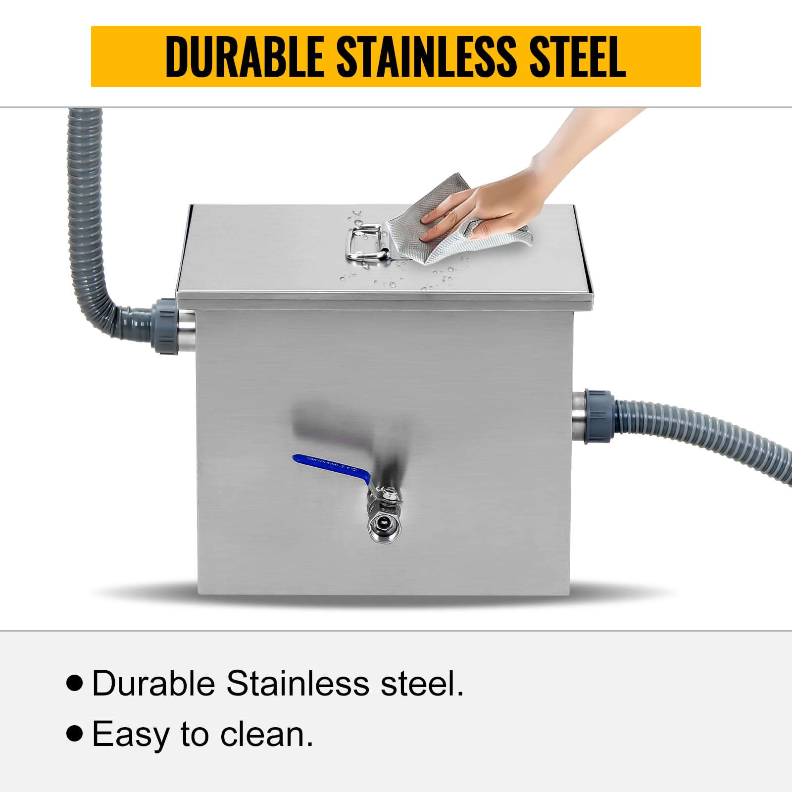 Commercial Stainless Steel Grease Trap & Oil-Water Separator - 2.8 GPM Under Sink Grease Interceptor with Side Inlet, 25 LB Silver (For Restaurants, Canteens & Home Kitchens) - Perfect for High-Volume Cooking Areas and Wastewater Management