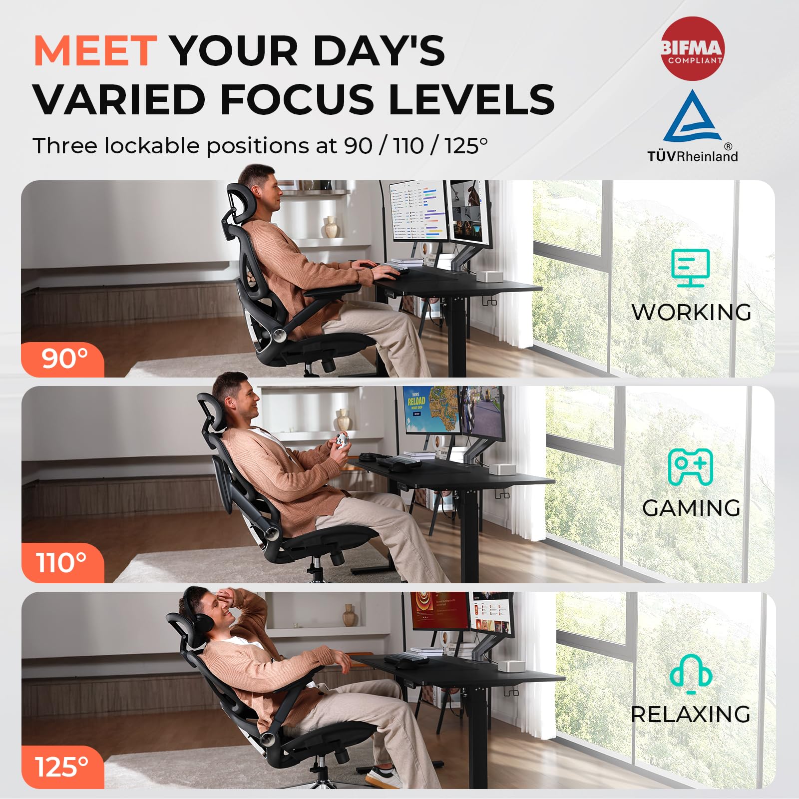Ergonomic Mesh Office Chair with Adjustable Lumbar Support - High Back Desk Chair for Heavy Duty 400lbs - 4D Flip-Up Arms & 3-Level Tilt Backrest - 3D Headrest & PU Wheels - Swivel Rolling Computer Chair for Long Hours Desk Work - Perfect for Home Office, Gaming Setup & Professional Workspaces