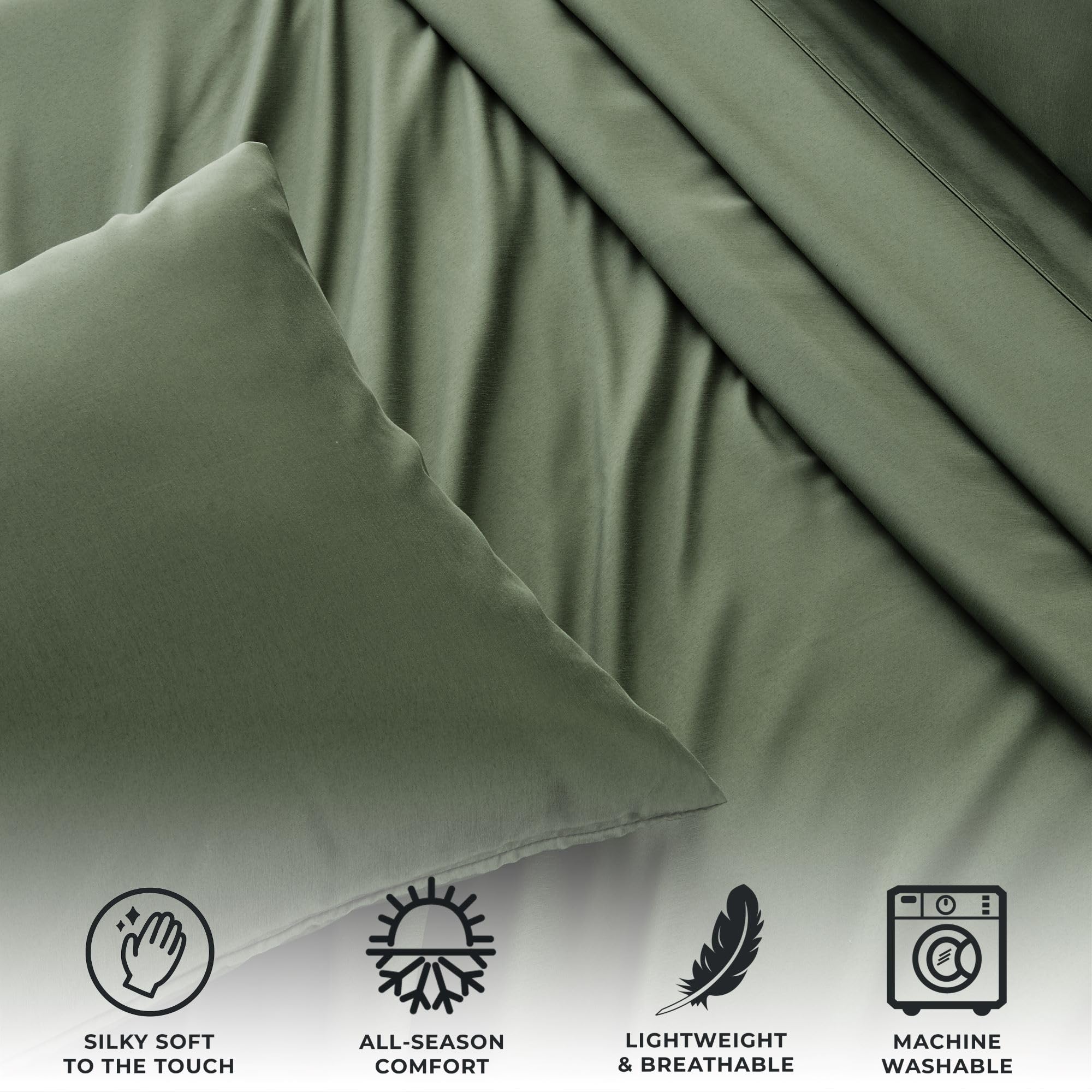 3 Piece Twin Bed Sheet Set - Silky Soft Bamboo Rayon Blend Cooling Sheets | Wrinkle Resistant & Breathable for Hot Sleepers | Perfect for Summer Nights & Guest Rooms (Moss Green)