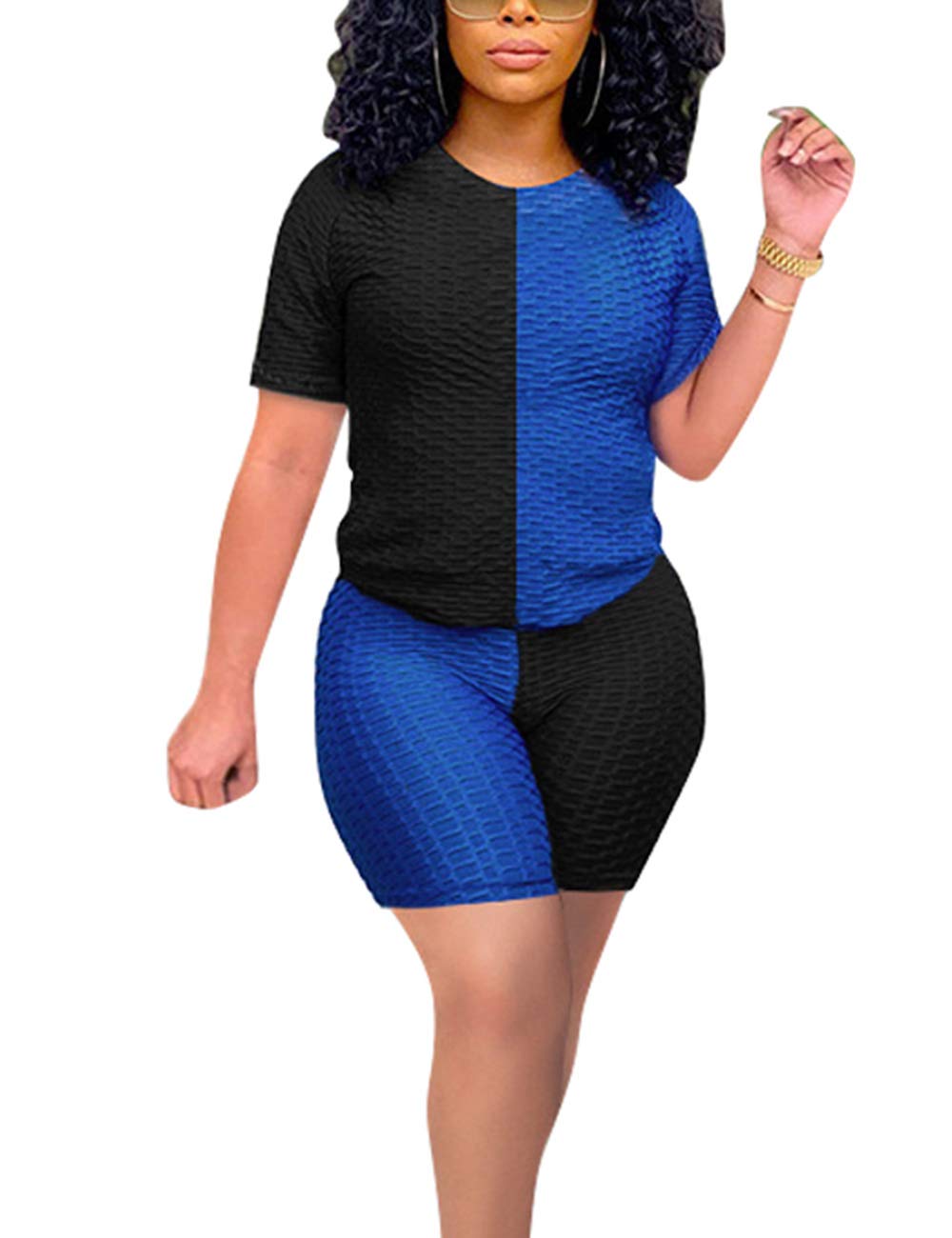 KANSOON Women's 2-Piece Workout Set - Color Block Short Sleeve Top & Biker Shorts Tracksuit | Gym, Yoga, Running & Casual Wear