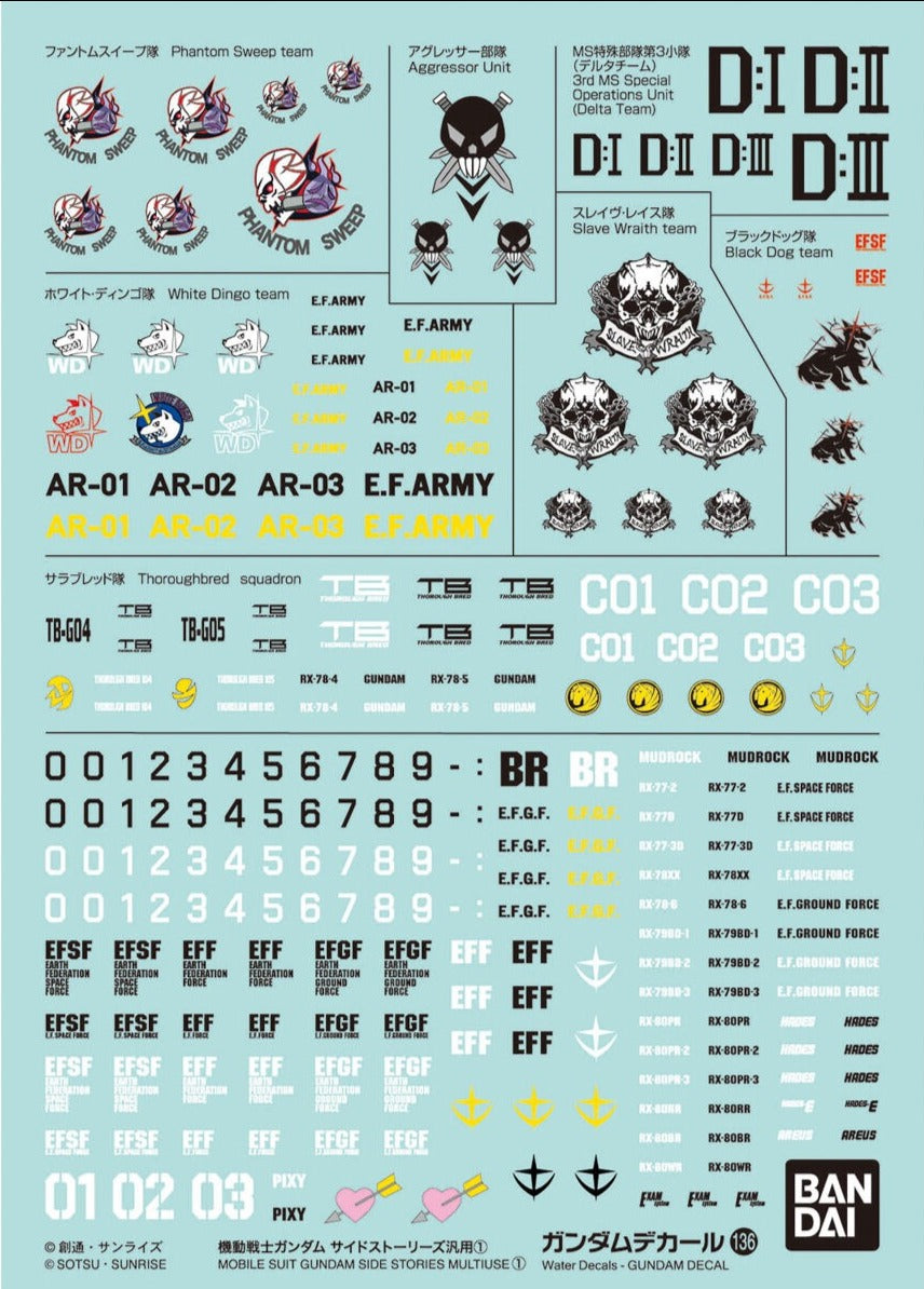 Bandai Gundam Water Slide Decals #136 - Mobile Suit Gundam Side Stories Model Kit Transfer Stickers for HG, MG, RG Gunpla - Perfect for Customizing & Detailing Gundam Models