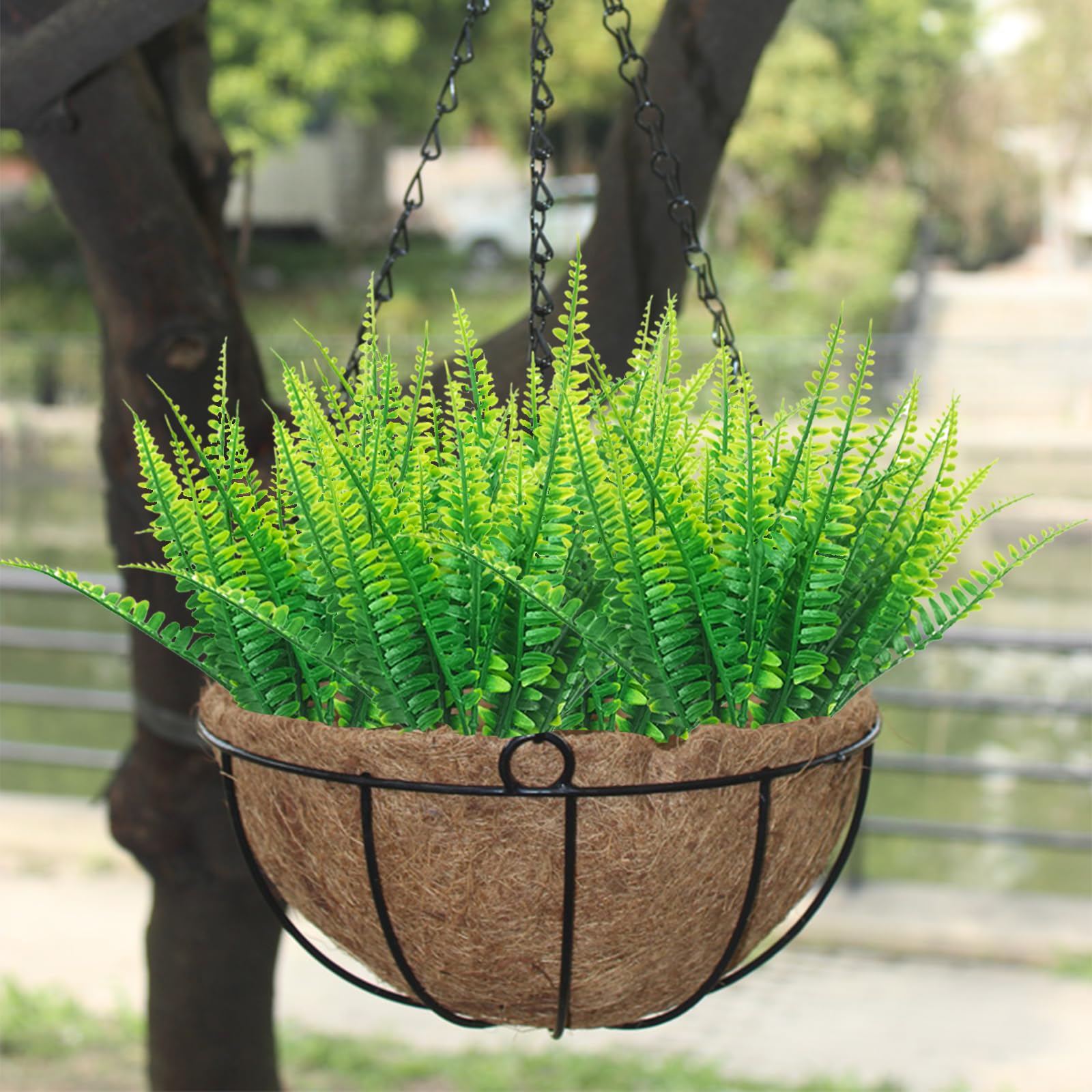 12 Pack Artificial Boston Ferns - Realistic Fake Fern Plants for Outdoor Porch Planters, Hanging Baskets & Patio Decor - UV Resistant Plastic Greenery for Home & Garden (Green) - Perfect for Front Porch Decor, Wedding Centerpieces & Office Greenery