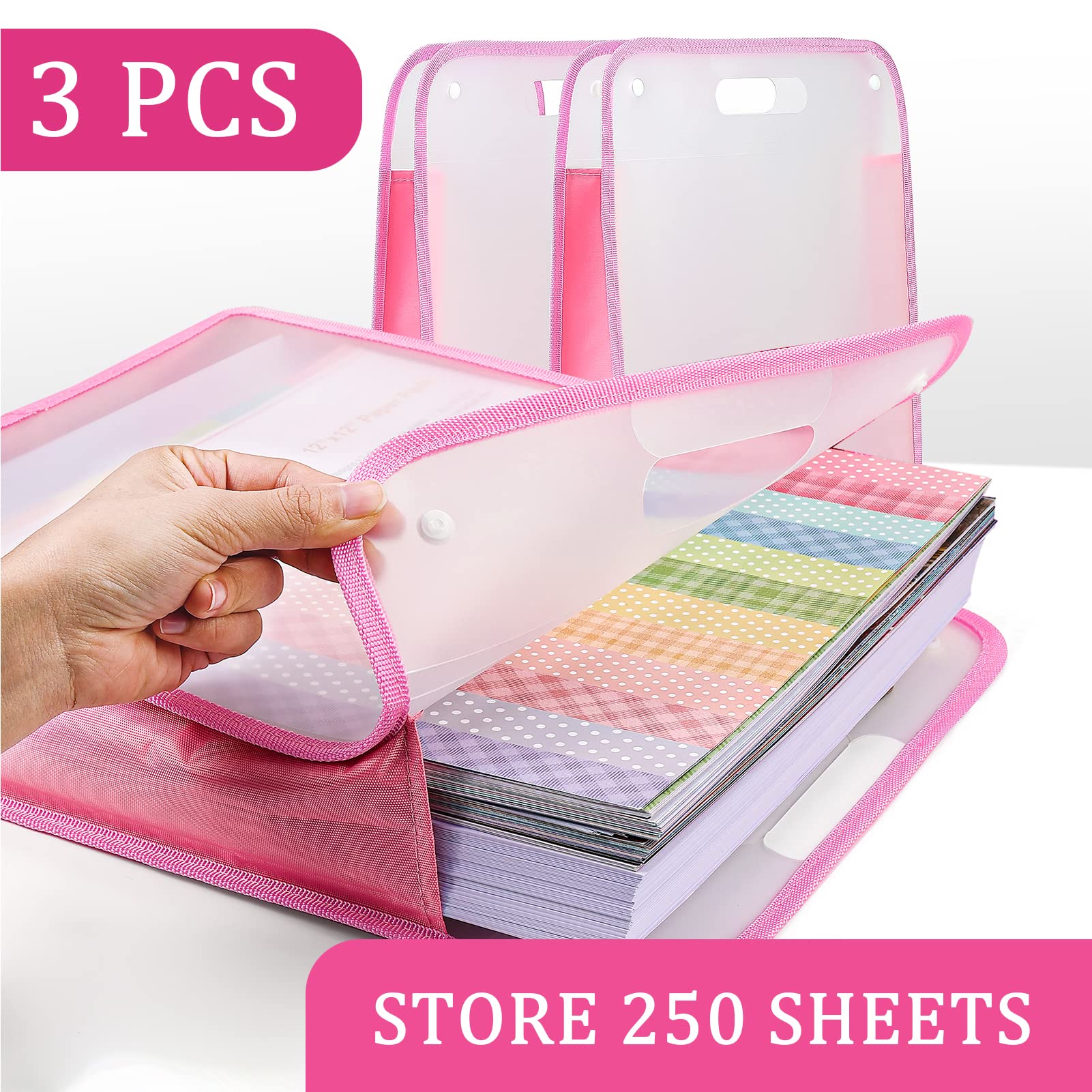 Caydo 12x12 Scrapbook Paper Organizer - Pink Expanding Storage Folio with Handle for Scrapbooking, Vinyl Paper & Cardstock - Portable Craft Supplies for Home, Office & DIY Projects
