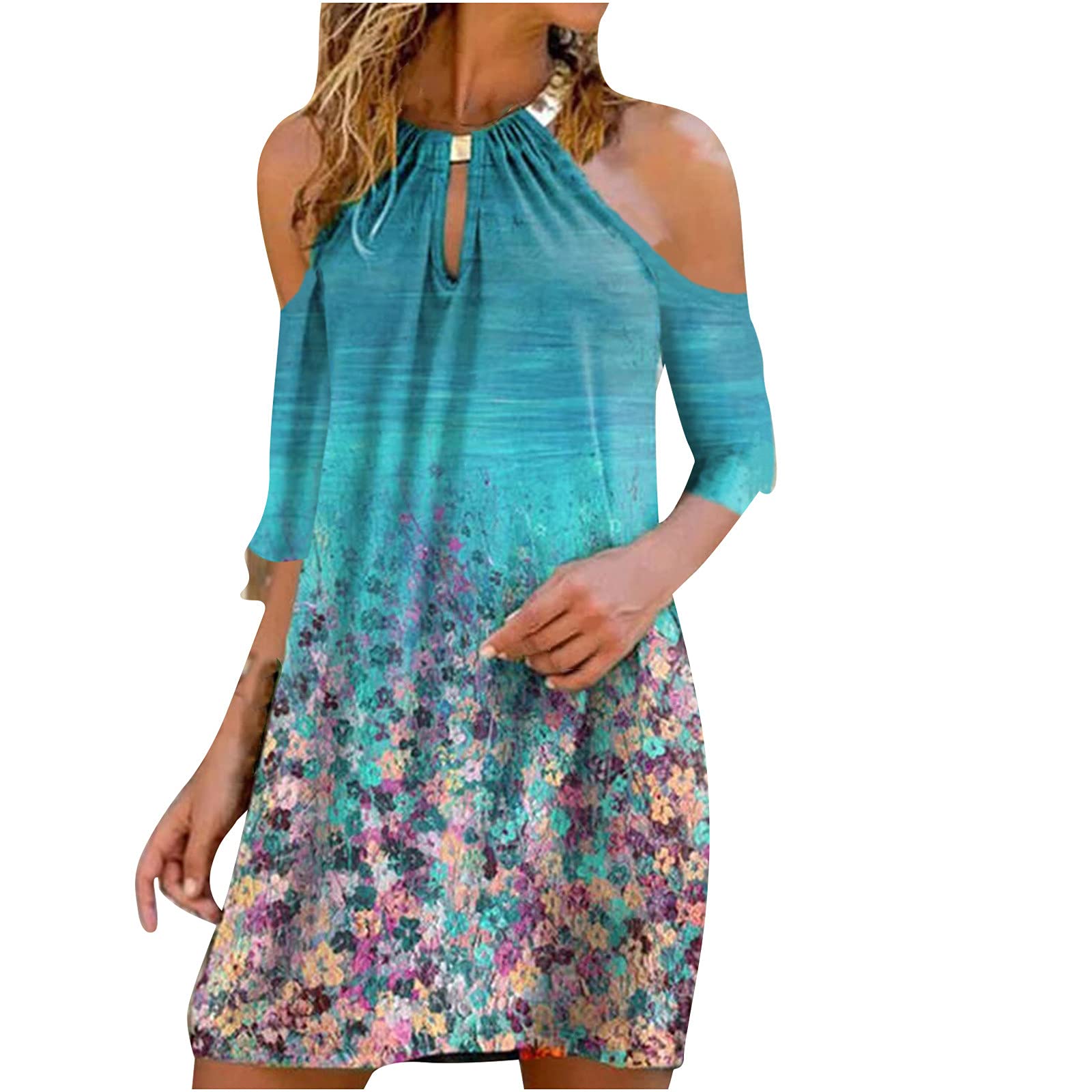Women's Summer Floral Cold Shoulder Halter Sundress - Casual Open Back Mini Dress for Beach, Party & Vacation - Lightweight & Comfortable for Outdoor Activities