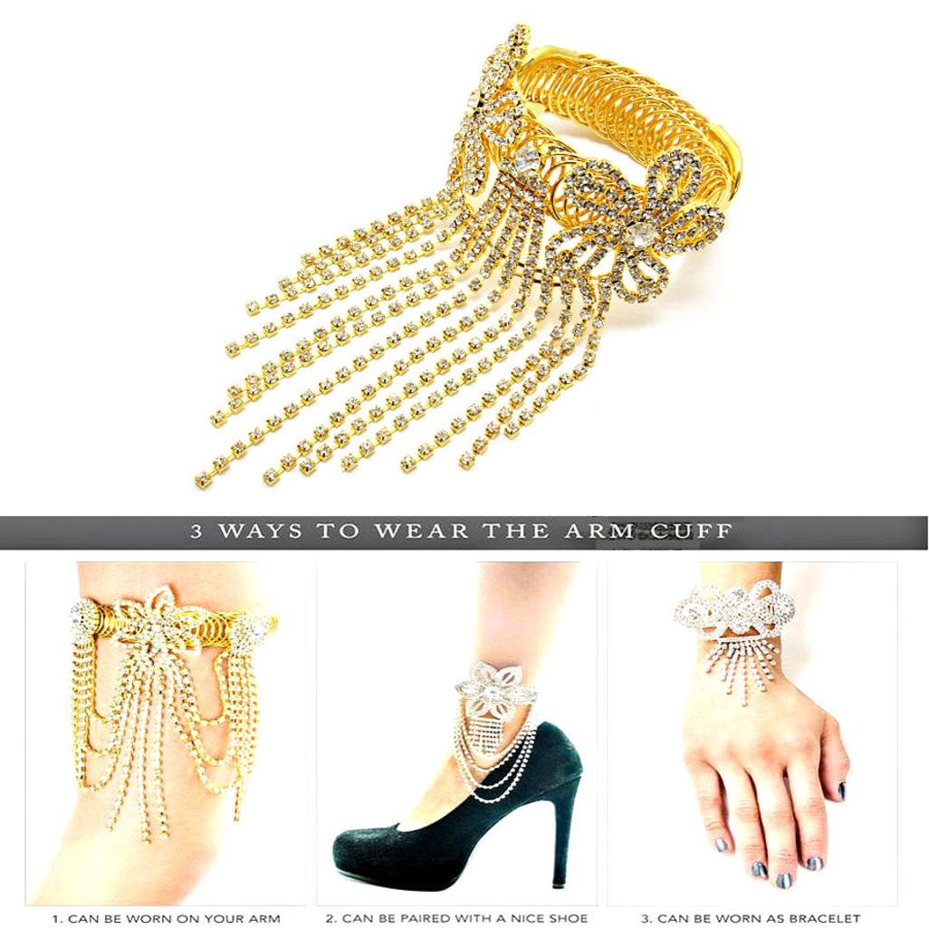 Trendy Fashion Flower Fringe Arm Cuff Bracelet & Anklet Set for Women | Boho Chic Jewelry for Parties, Festivals & Beach Outfits | AZABRH004-GCL