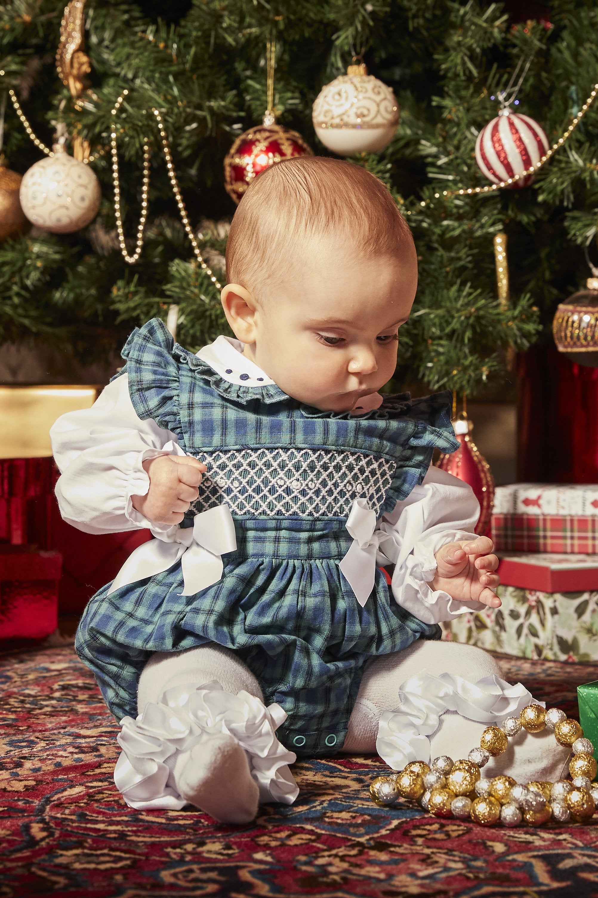 Hollie Bottle Green Tartan Smocked Romper Set for Baby Girls | Scottish Plaid Outfit | Perfect for Holidays, Photoshoots & Special Occasions