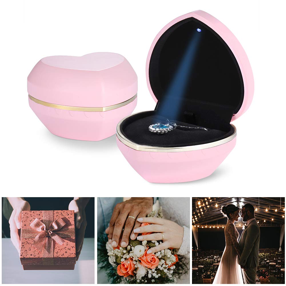 LED Heart Shaped Jewelry Gift Box - Elegant Velvet Ring Box with Lights for Diamond Pendant, Wedding Engagement Valentine's Day Gift (Pink) - Perfect for Jewelry Display, Proposal Surprise & Romantic Occasions