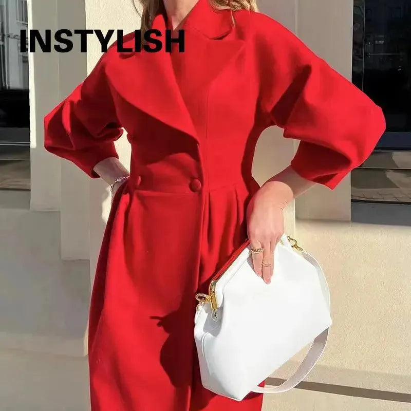 Women's Stylish Lantern Sleeve Overcoat - Elegant Long Trench Coat for Fall & Winter - Perfect for Office, Date Night & Special Occasions