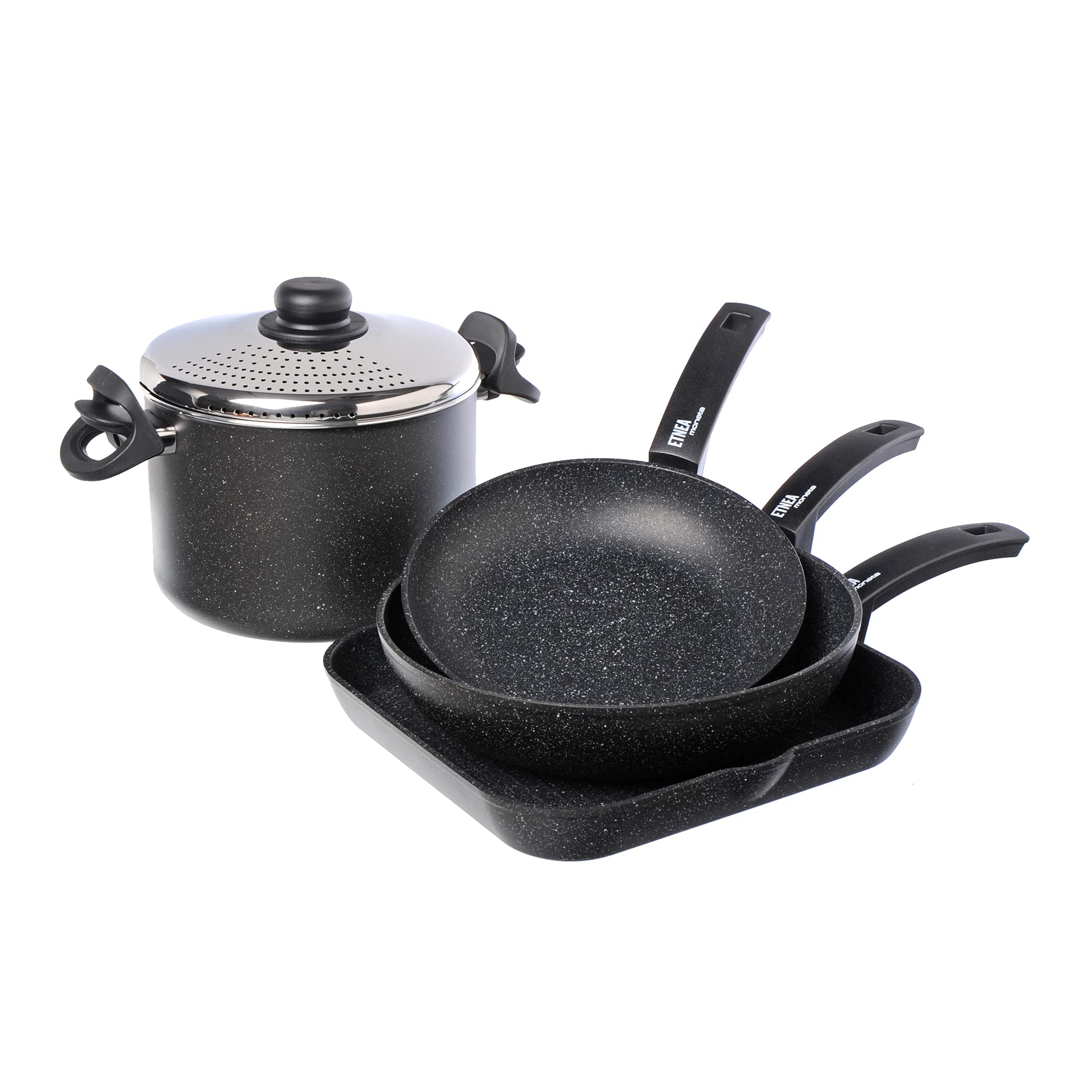 Moneta Etnea 5-Piece Smart Cookware Set - 24cm Frying Pan, 28cm Wok, 28x28cm Grill Pan, 22cm Saucepan with Lid - Nonstick Kitchen Essentials for Home Cooking, Sautéing & Stir-Frying