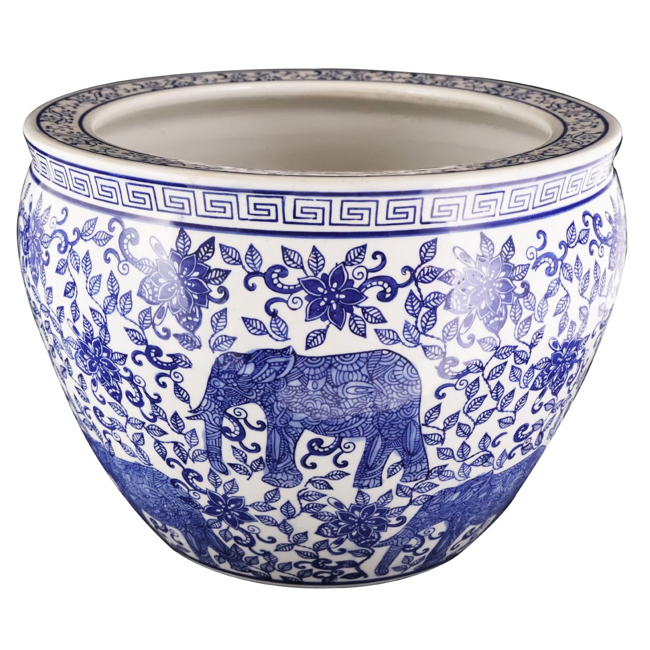 Blue and White Porcelain Fishbowl with Elephant Design - Oriental Home Decor for Living Room, Office & Garden - Handcrafted Ceramic Planter & Decorative Bowl