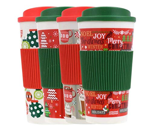 Festive Holiday Travel Mugs Set of 4 - Insulated Coffee Cups with Built-in Sleeves for Hot & Cold Drinks - Perfect for Christmas Gifts, Office Use, and Commuting