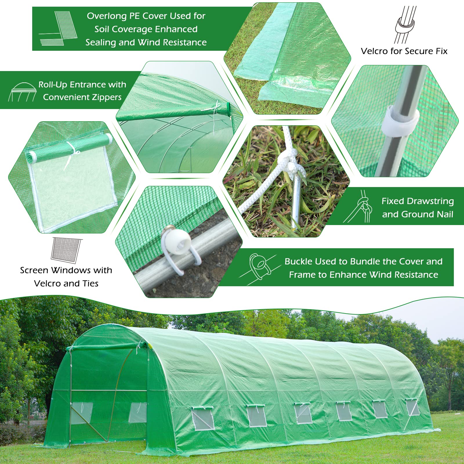MELLCOM 26' x 10' x 6.6' Walk-in Greenhouse with Reinforced Metal Frame & 12 Ventilation Windows - Durable Outdoor Greenhouse for Gardening, Plant Growing & Backyard Use