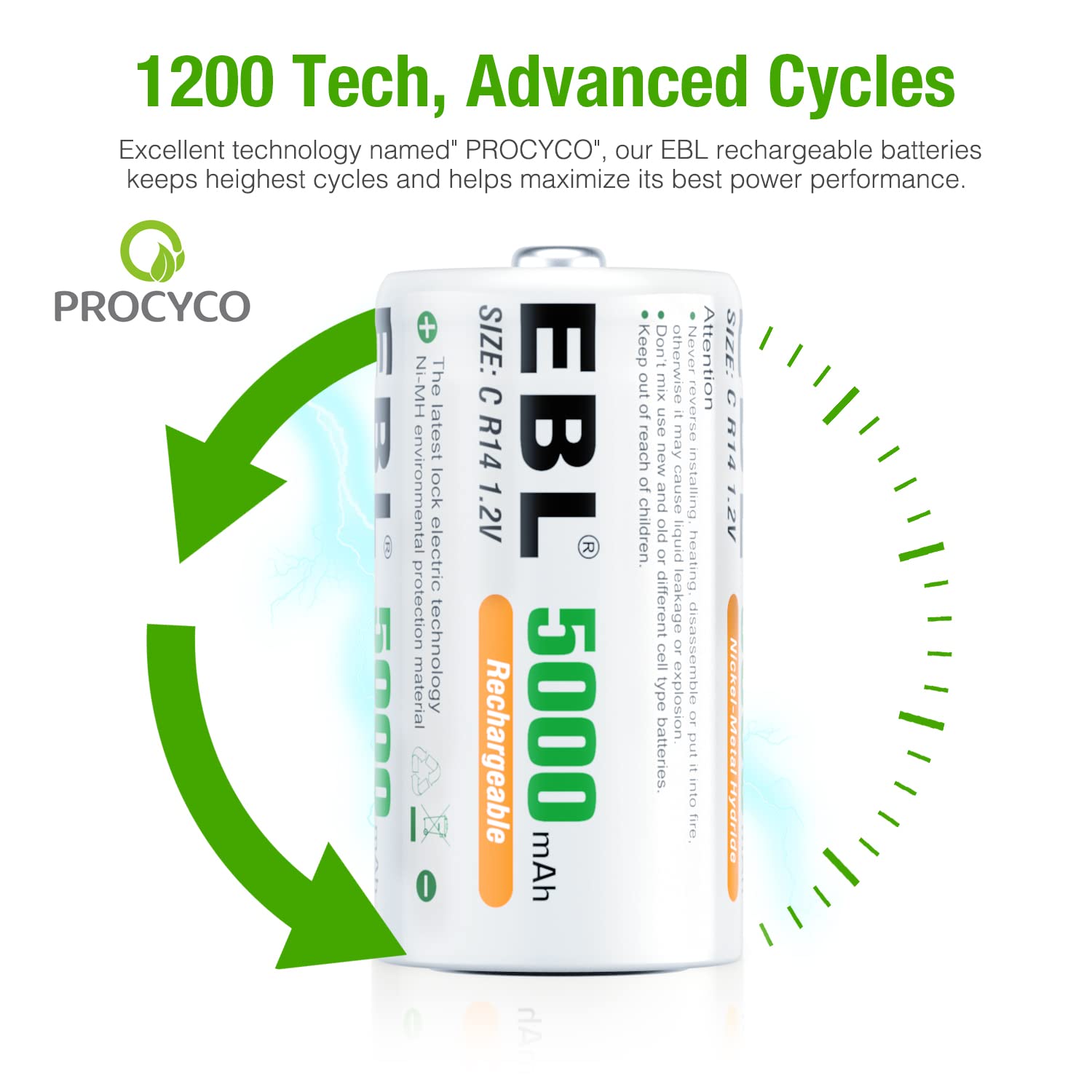 EBL 5000mAh Rechargeable C Batteries (4-Pack) - High Capacity Ready-to-Use Power for Flashlights, Toys & Electronic Devices