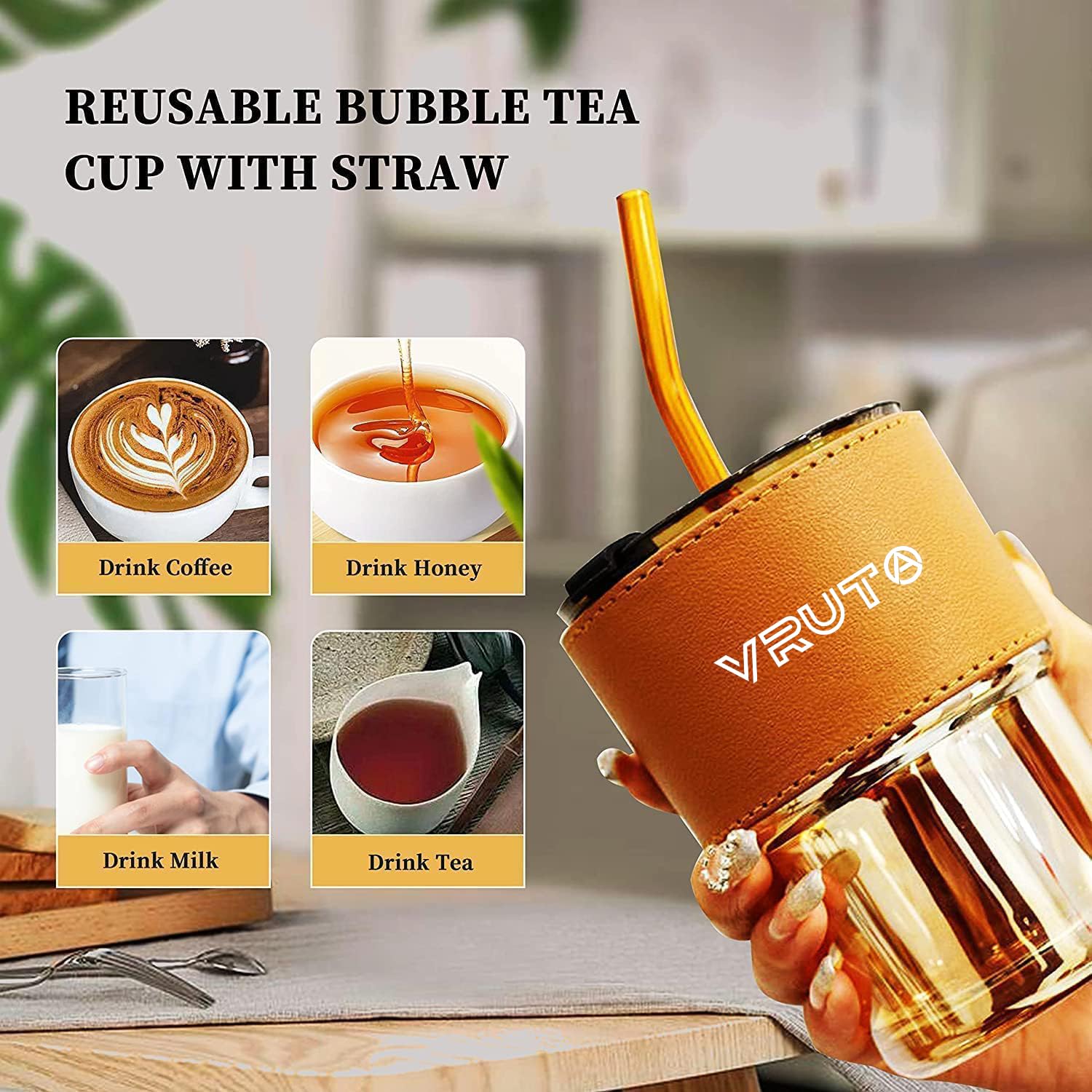 VRUTA Insulated Leather Grip Coffee Tumbler with Lid & Silicone Straw - 16oz Double Wall Glass Travel Mug for Hot/Cold Drinks - Perfect for Coffee, Tea, Juice - Office, Commute, Camping, Gift (1 Pack)
