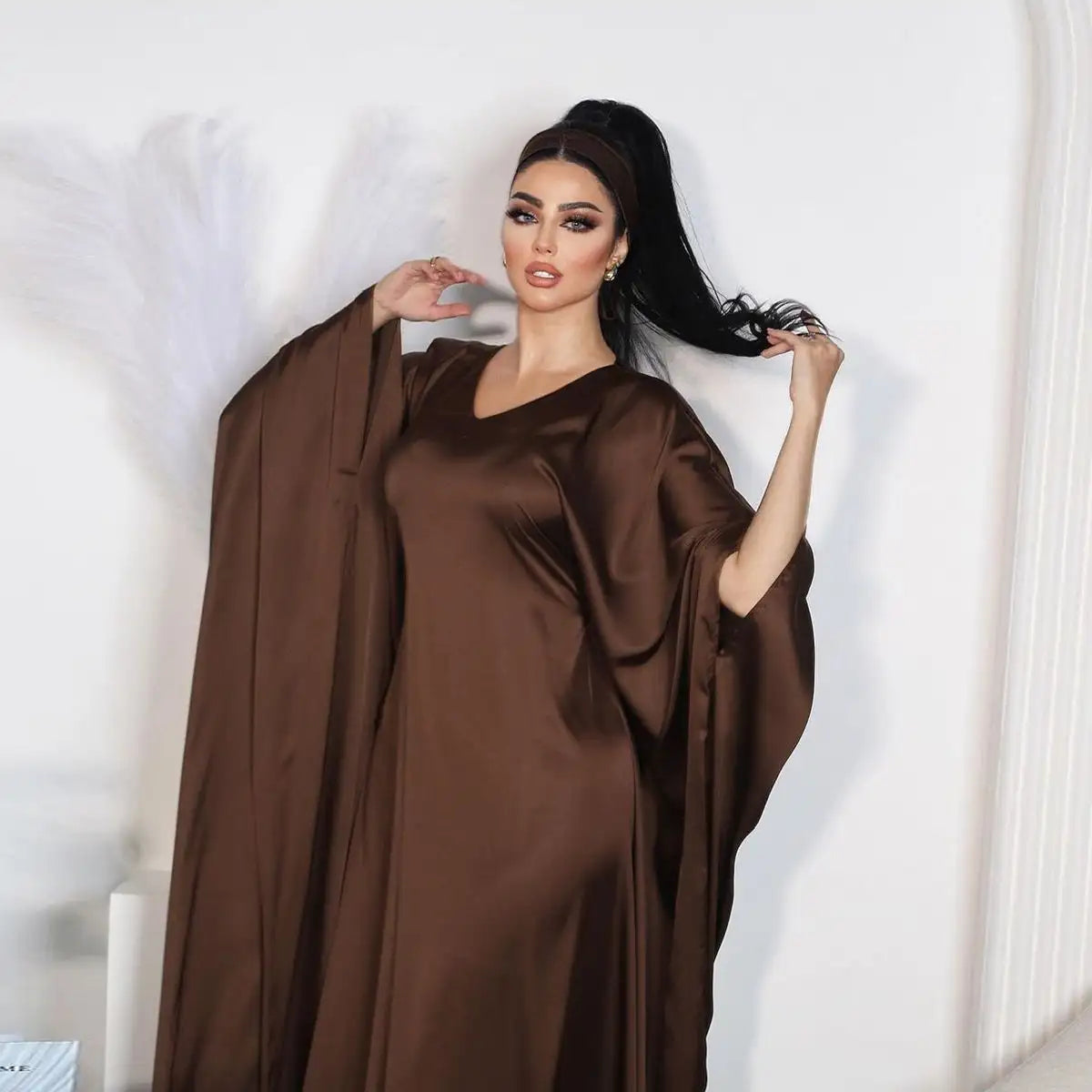 Elegant Coffee Satin Batwing Sleeve Farasha Abaya Dress for Women - Modest Islamic Fashion for Prayer, Wedding & Special Occasions