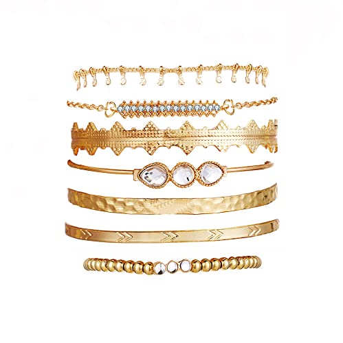 Boho Crystal Bracelets Set for Women - 7 Pcs Gold Layered Tassel Bangle Rhinestone Hand Chain Jewelry | Perfect for Festival, Party, Wedding & Everyday Wear