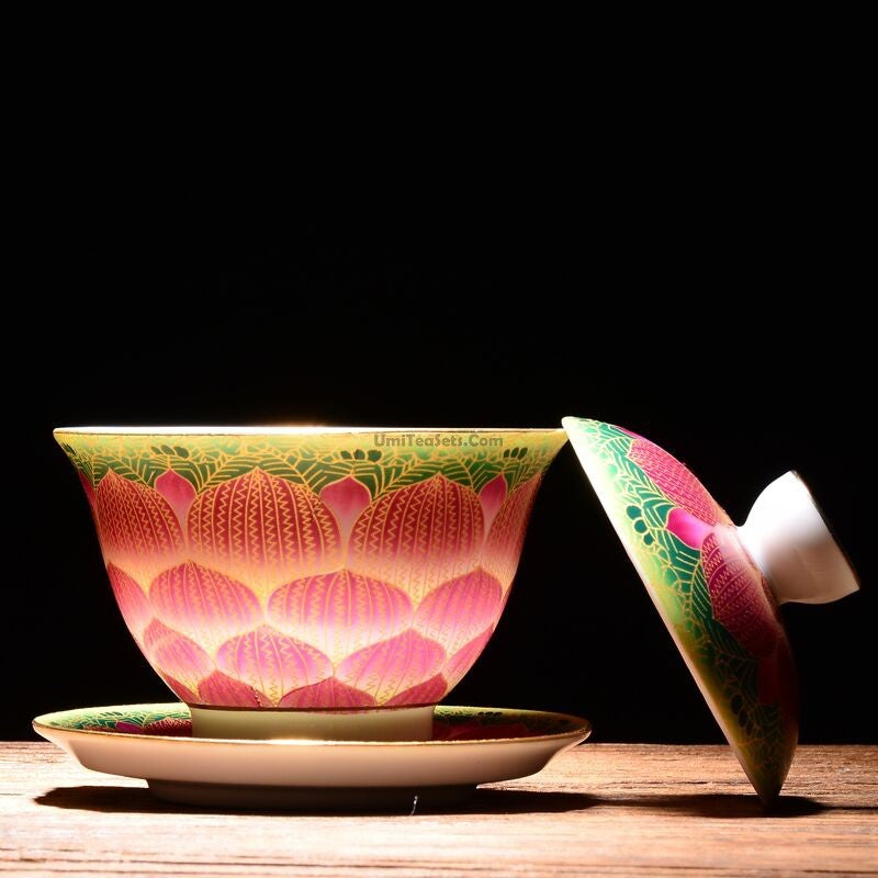 Premium Enamel Porcelain Pink Lotus Gaiwan - Traditional Chinese Tea Set for Gongfu Tea Ceremony, Perfect for Home Brewing & Gift Giving