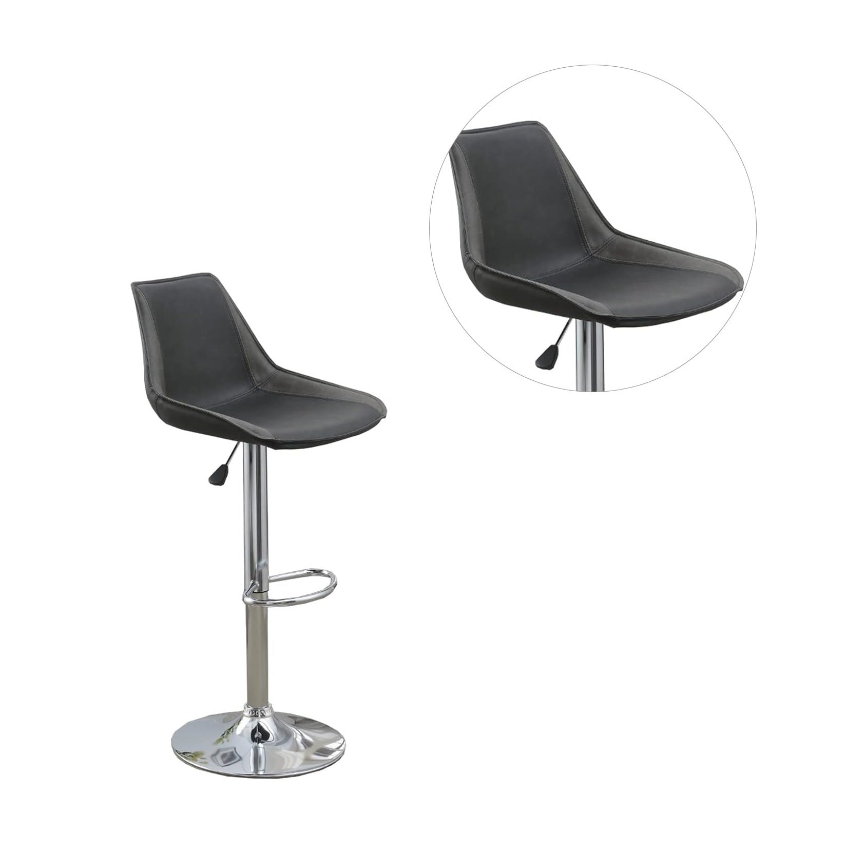 Modern Adjustable Bar Stool Set of 2 - Ebony PU Leather Seat with Chrome Base, Counter Height Kitchen & Dining Stools for Home Bar, Breakfast Nook, and Restaurant Use