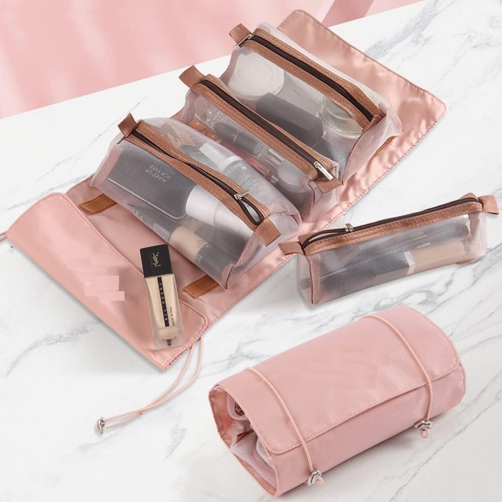 Waterproof Hanging Toiletry Bag for Women - 4-in-1 Travel Makeup Organizer with Cosmetic Pouch | Foldable Polyester Cosmetic Bag for Girls | Perfect for Vacation, Gym & Daily Use