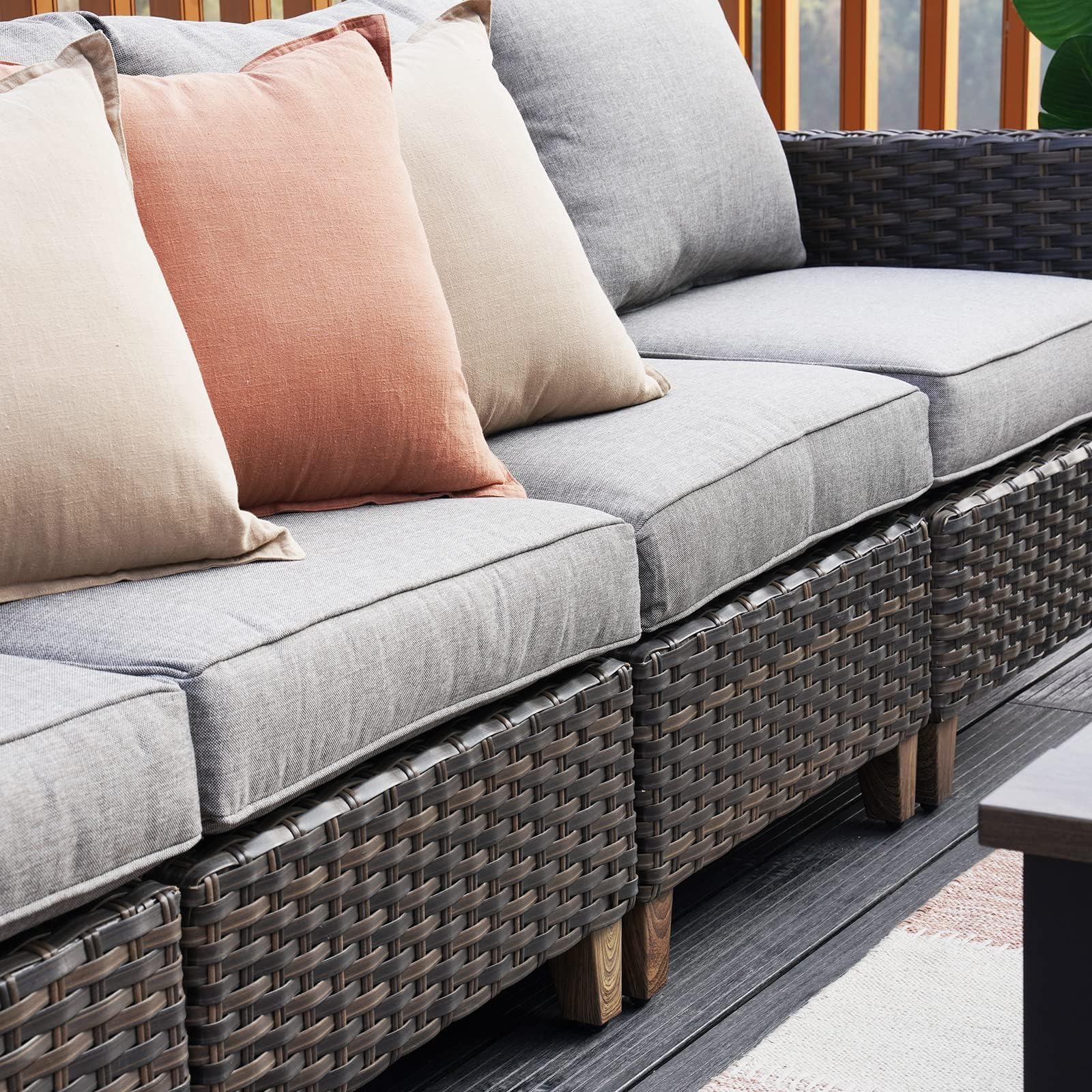 6-Piece Grand Patio Sofa Set with Fire Pit Table - PE Wicker Outdoor Sectional Sofa with Thick Cushions for Garden, Yard, Porch - Perfect for Backyard Gatherings & Fireplace Conversations