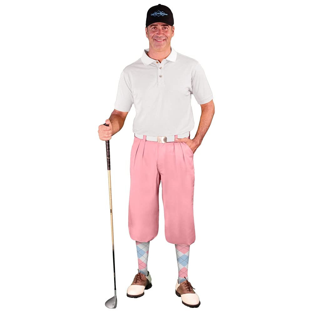 **Men's Golf Knickers Outfit - Pink Microfiber Pants, Limited Edition Ball Cap, Argyle Over-The-Calf Socks & White Golf Shirt | Perfect for Golf Tournaments & Vintage Style Events**