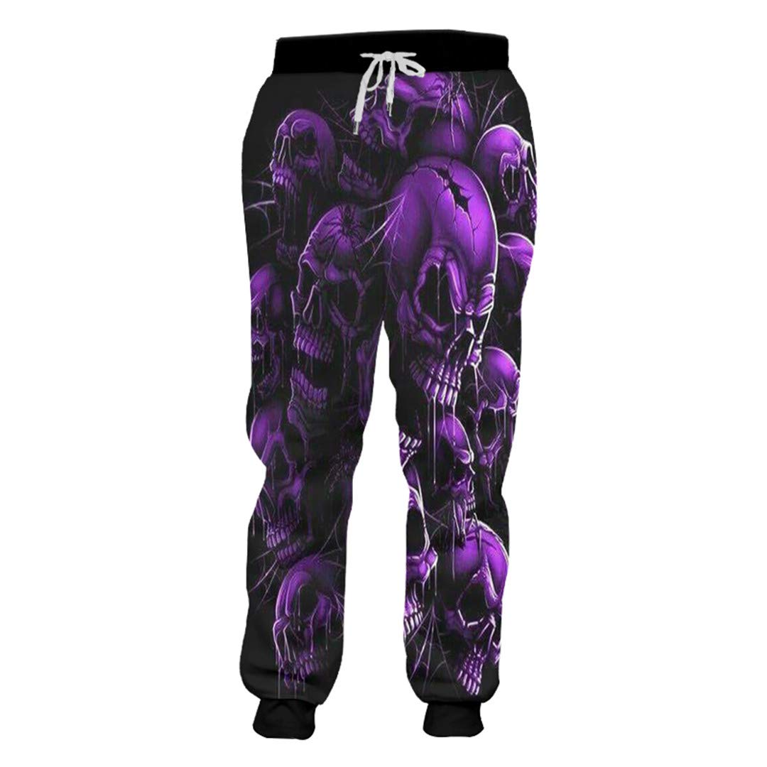 **3D Printed Purple Skull Sweatpants for Men - Gothic Horror Graphic Joggers, Black Long Lounge Pants (Perfect for Halloween, Cosplay & Streetwear Fashion)**