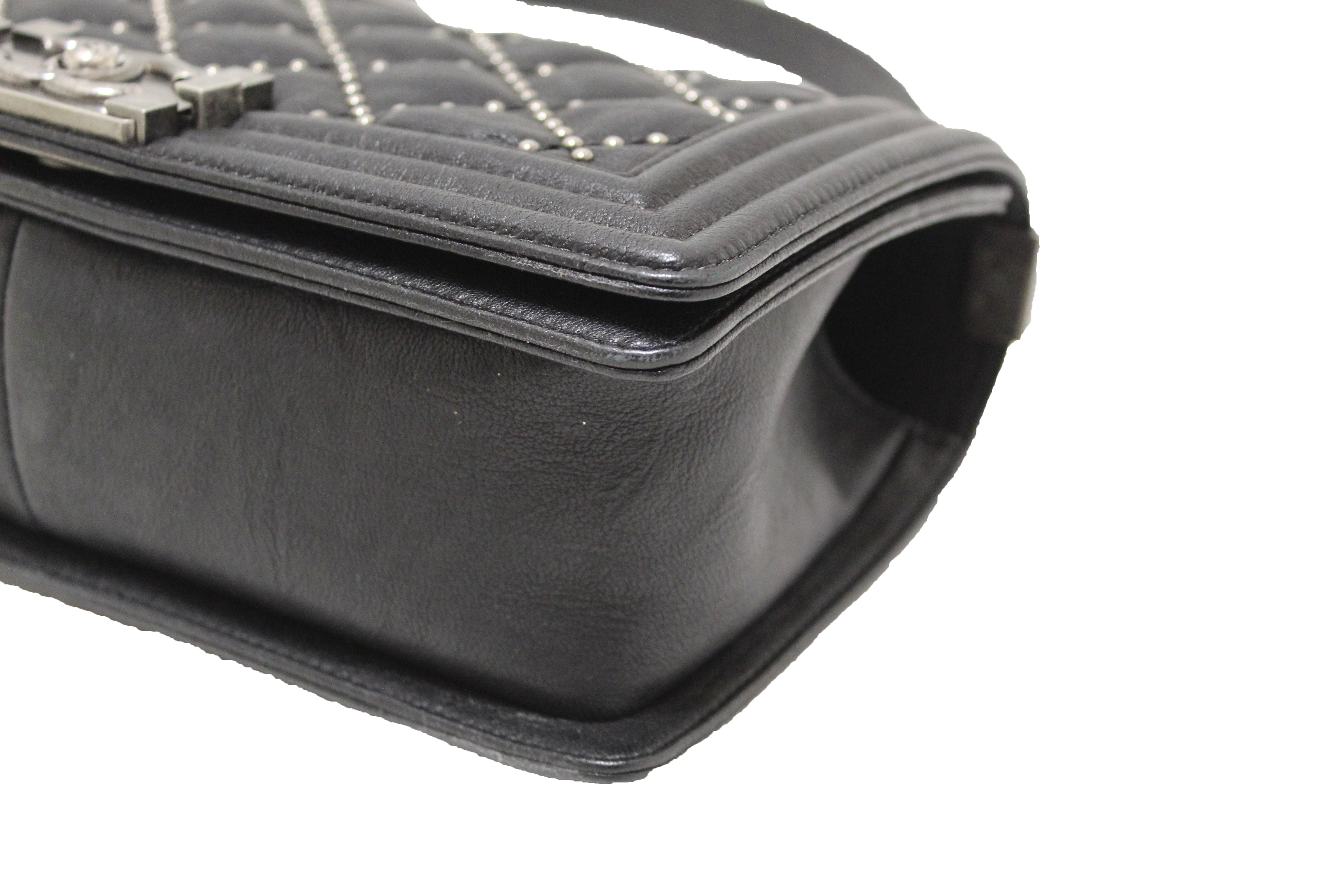 Authentic Chanel Studded Black Quilted Distressed Calfskin Old Medium Boy Flap Shoulder Bag - Luxury Designer Handbag for Women, Perfect for Evening Events & Special Occasions