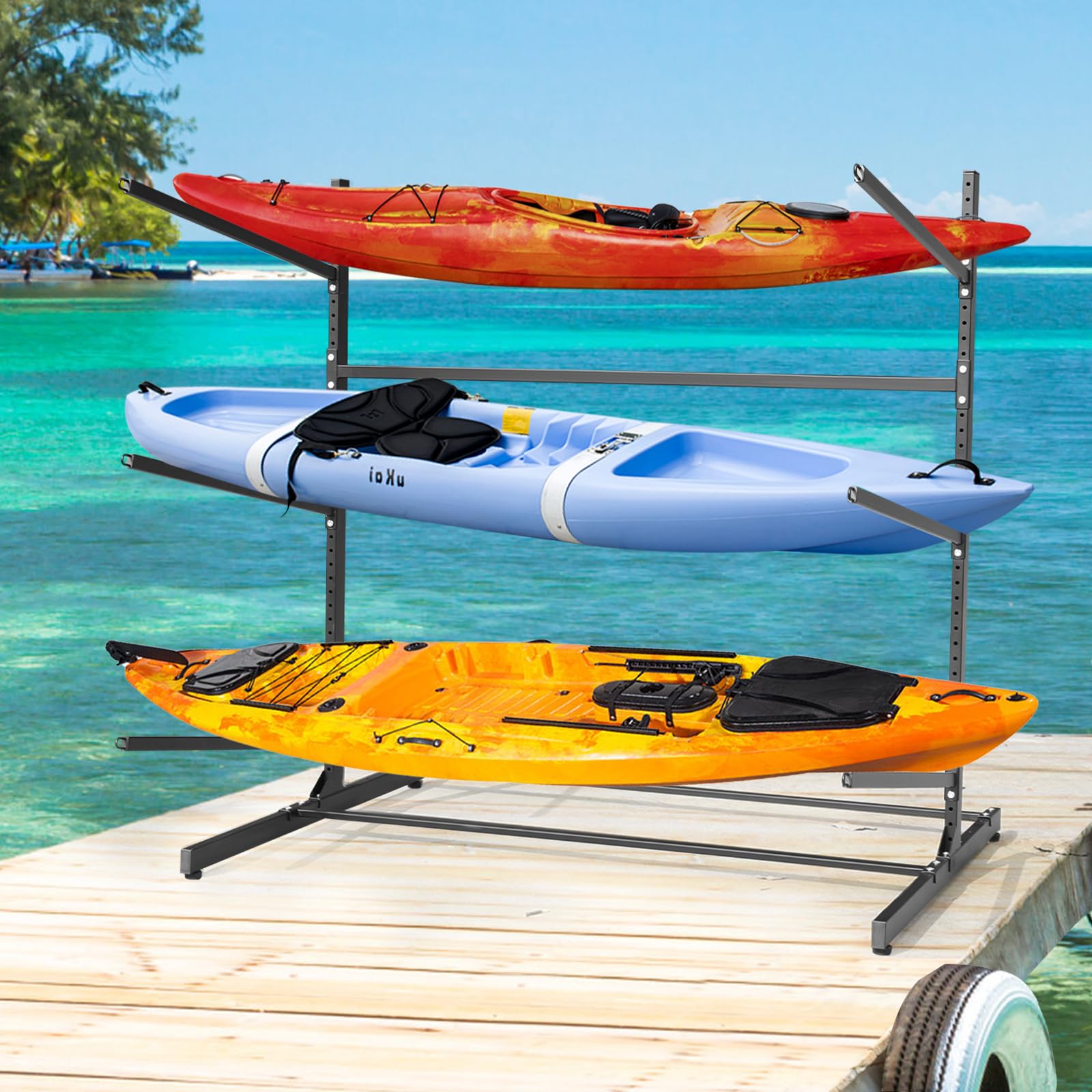Heavy Duty Adjustable Kayak and SUP Storage Rack - Weatherproof Freestanding Canoe, Surfboard & Paddleboard Organizer for Garage or Outdoor Use - Perfect for Kayak Storage, Canoe Rack, and Water Sports Equipment Organization