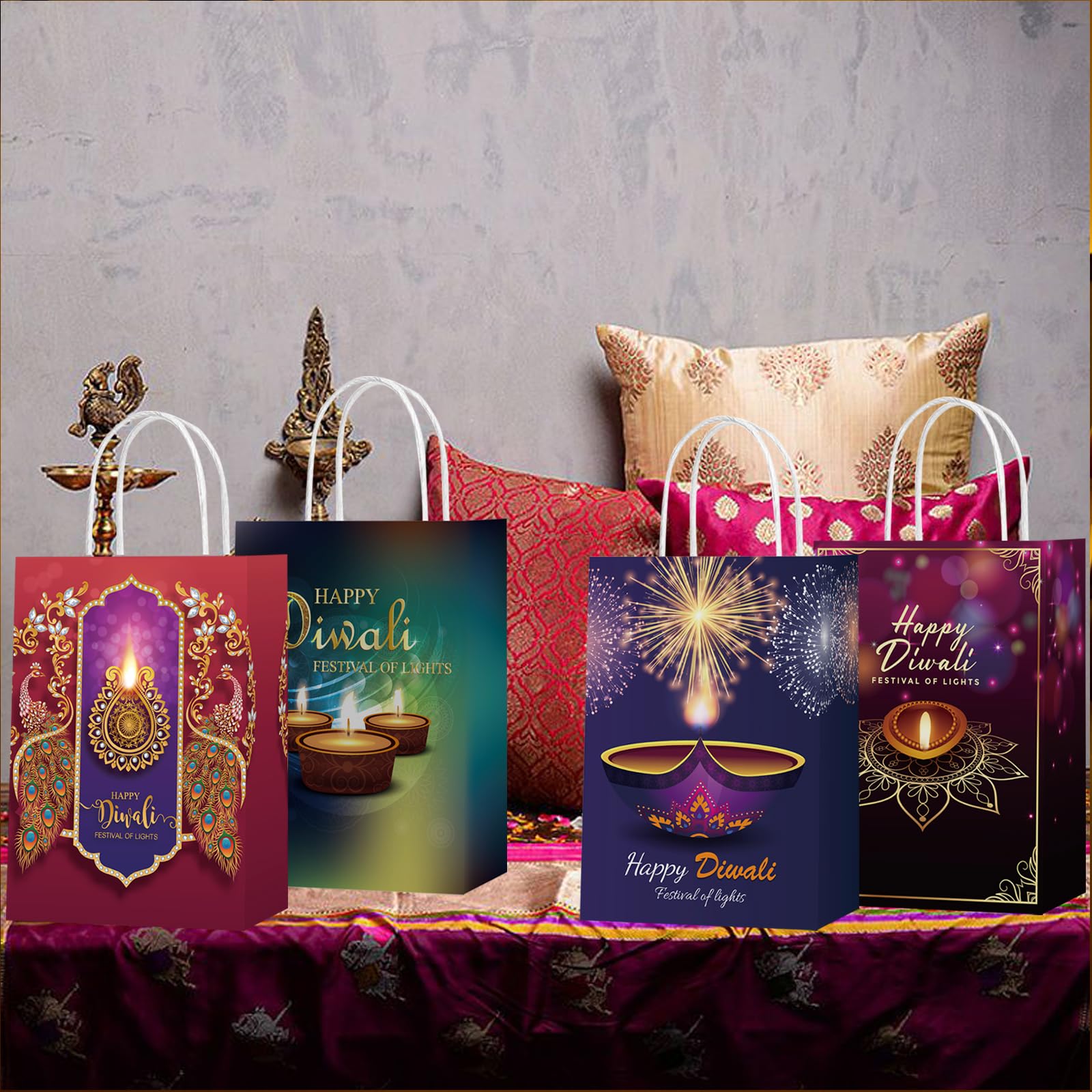 16 Pack Diwali Party Favor Bags - Festival of Lights Themed Goodie Gift Bags for Candy & Treats | Indian Celebration Supplies & Decorations for Diwali Parties, Weddings & Family Gatherings