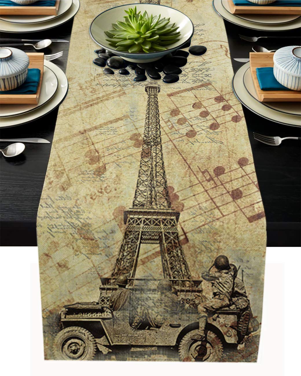 Shine-Home Soldiers Under The Eiffel Tower Table Runner - 120 Inch Long Cotton Linen Tablecloth for Kitchen, Dining, Coffee Table - Elegant Burlap Decor for Wedding, Party & Home Decor - Perfect for French-Themed Events & Café Settings