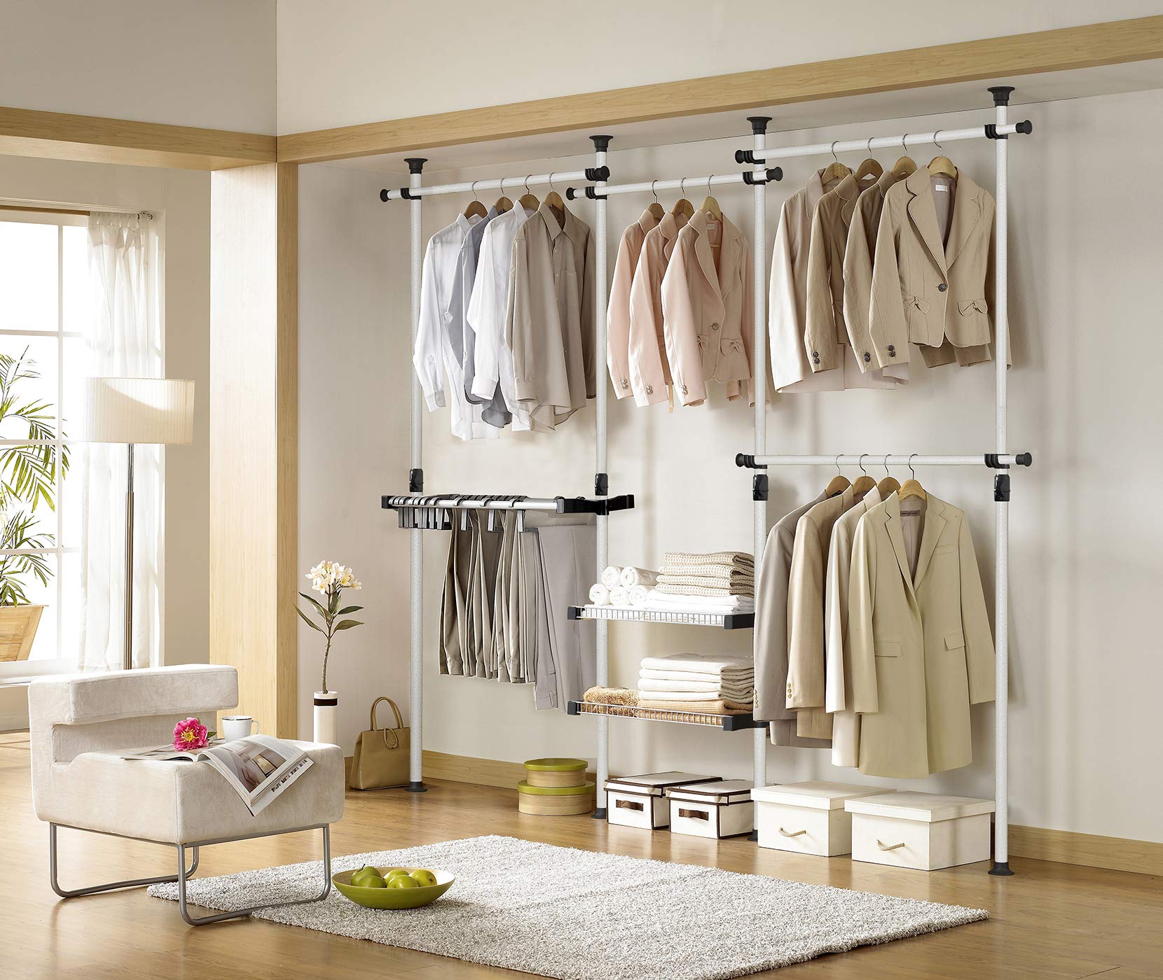 Heavy Duty Prince Hanger Deluxe Pants & Shelf Hanger - 880LBS Capacity, One-Touch Load, Adjustable Height Metal Clothing Rack for Wardrobe, Closet & Garment Organization - Freestanding Ivory Tension Rod (PHUS-0052) - Perfect for Bedroom Storage, Laundry Room, Retail Stores & Commercial Use