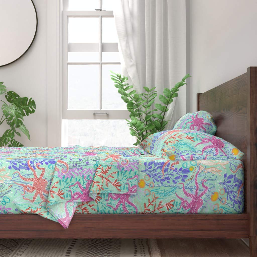 Octopus Garden 100% Cotton Queen Sheet Set 4pc - Nautical Ocean Beach Summer Print Custom Bedding | Soft & Breathable for Comfortable Sleep
