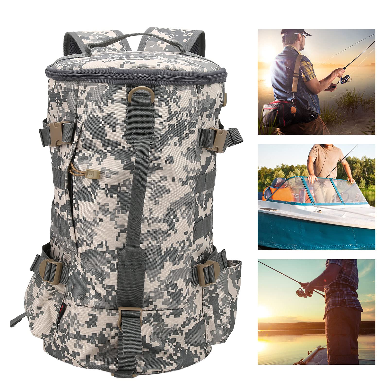 Waterproof Fishing Tackle Backpack with Rod Holder - Durable Cylindrical Fishing Gear Storage Bag for Organizing Fishing Accessories & Tackle | Perfect for Outdoor Fishing Trips, Boat Fishing & Shore Angling