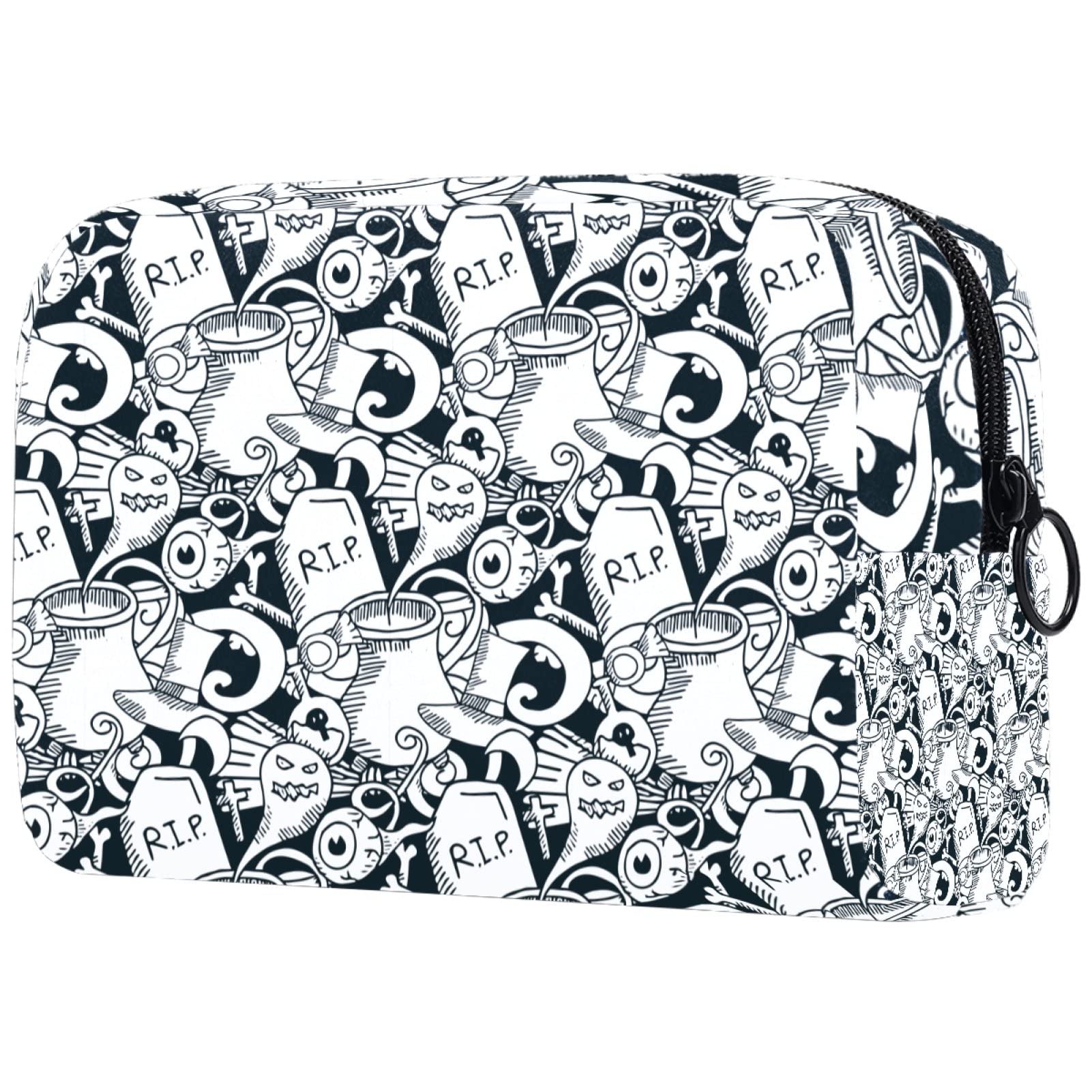 Anime Halloween Black & White Pattern Cosmetic Bag - Cute Travel Makeup Pouch for Women | Perfect for Cosplay, Halloween Parties & Daily Beauty Organizer