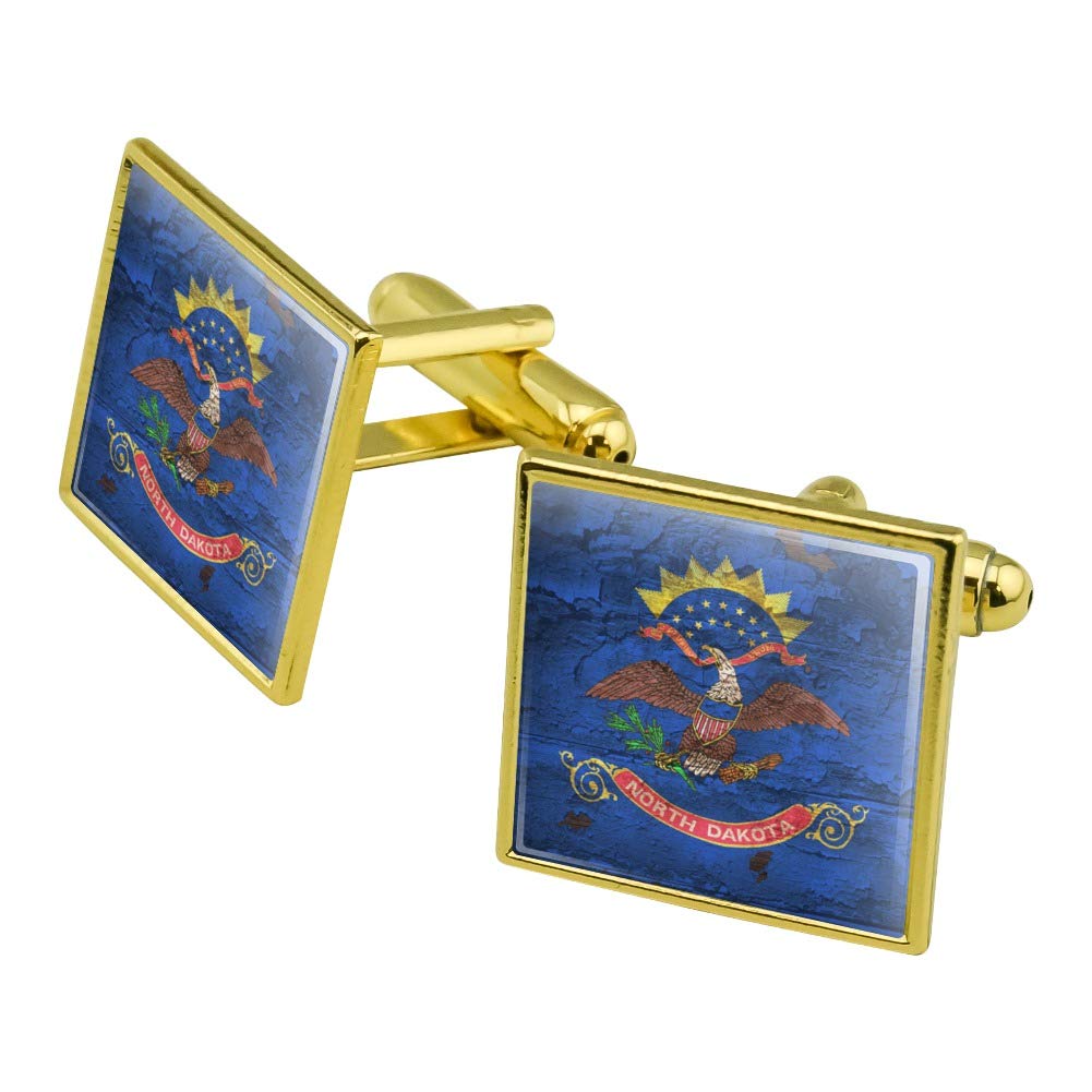 Vintage Rustic North Dakota State Flag Distressed USA Square Cufflinks Set - Gold Tone Formal Wear Accessories for Men, Perfect for Weddings, Business Meetings & Special Occasions