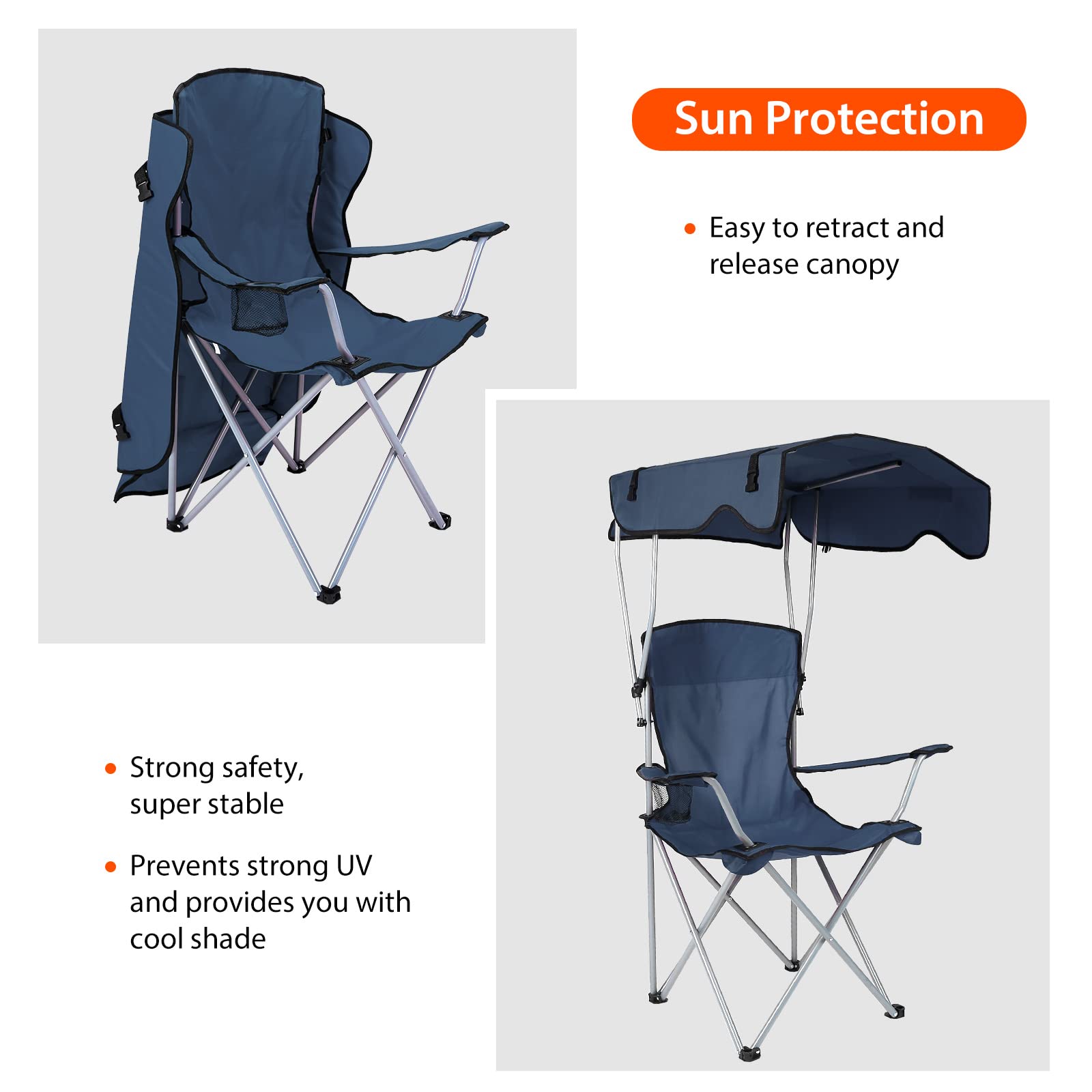 Foldable Beach Canopy Chair with Sun Shade - Heavy Duty Camping Chair with Cup Holder for Outdoor, Beach, Park, and Patio Use - Navy Blue Portable Sun Protection Canopy for Relaxing in Backyard, Picnics, and Summer Camping Trips