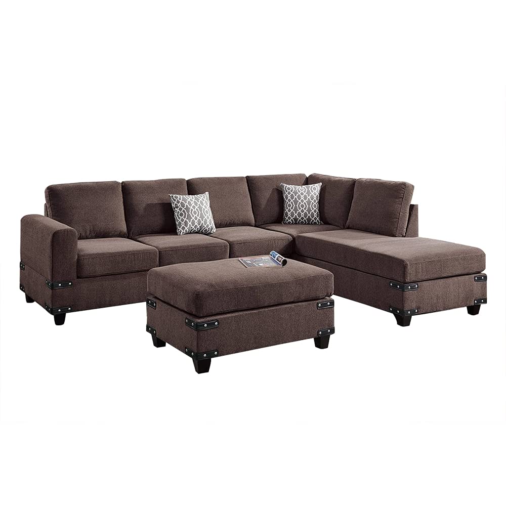 Poundex PDEX-F8806 Chocolate Brown Sectional Sofa - Modern Living Room Furniture for Small Spaces & Apartments