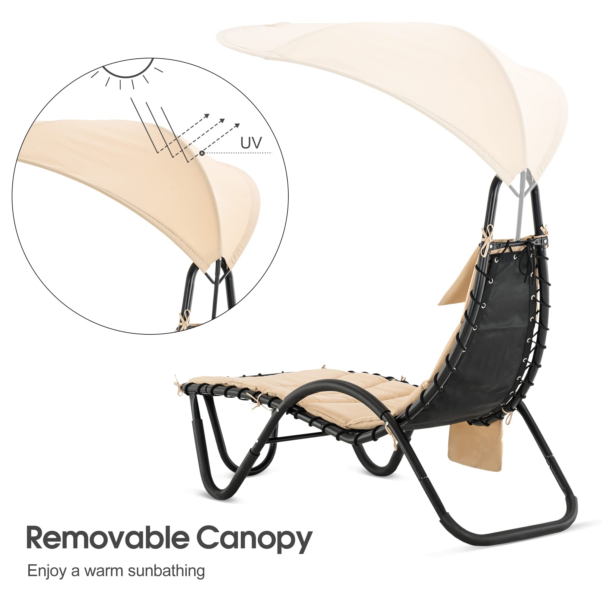 MCombo Outdoor Steel Chaise Lounge Chair with Removable Canopy & Cushions - Adjustable Reclining Patio Chair with Side Pocket & Arc Stand - Perfect for Beach, Poolside, Backyard, Balcony, Porch & Garden Relaxation (Beige)