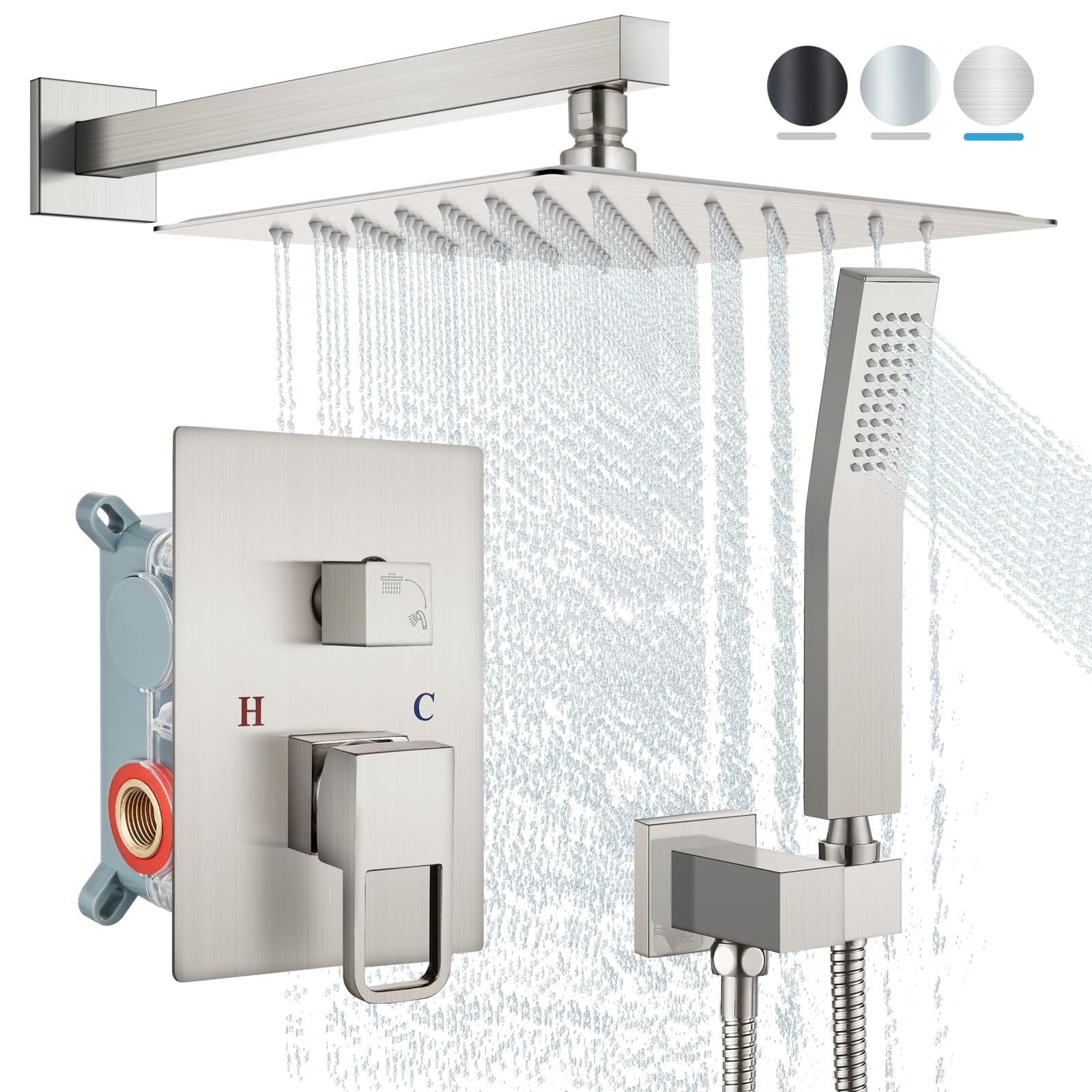 Gotonovo Brushed Nickel Rainfall Shower System Set - 10 Inch Shower Head with Handheld Spray, Wall Mount Mixer Valve & Trim Kit for Modern Bathroom | Perfect for Spa-Like Experience and Luxury Home Renovation