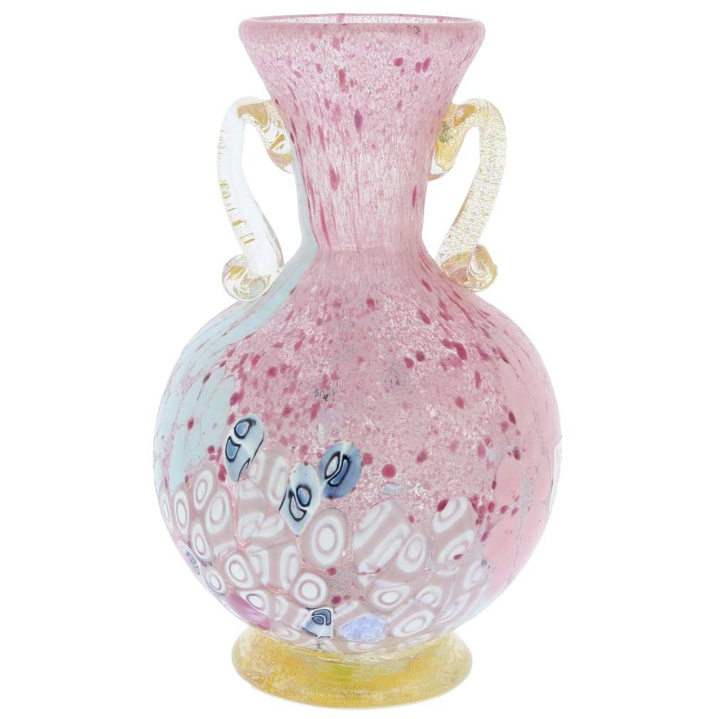 Venetian Murano Glass Millefiori Vase with 24K Gold Handles - Handcrafted Rose Design Italian Art Glass Vase for Home Decor, Wedding Centerpiece & Luxury Gift