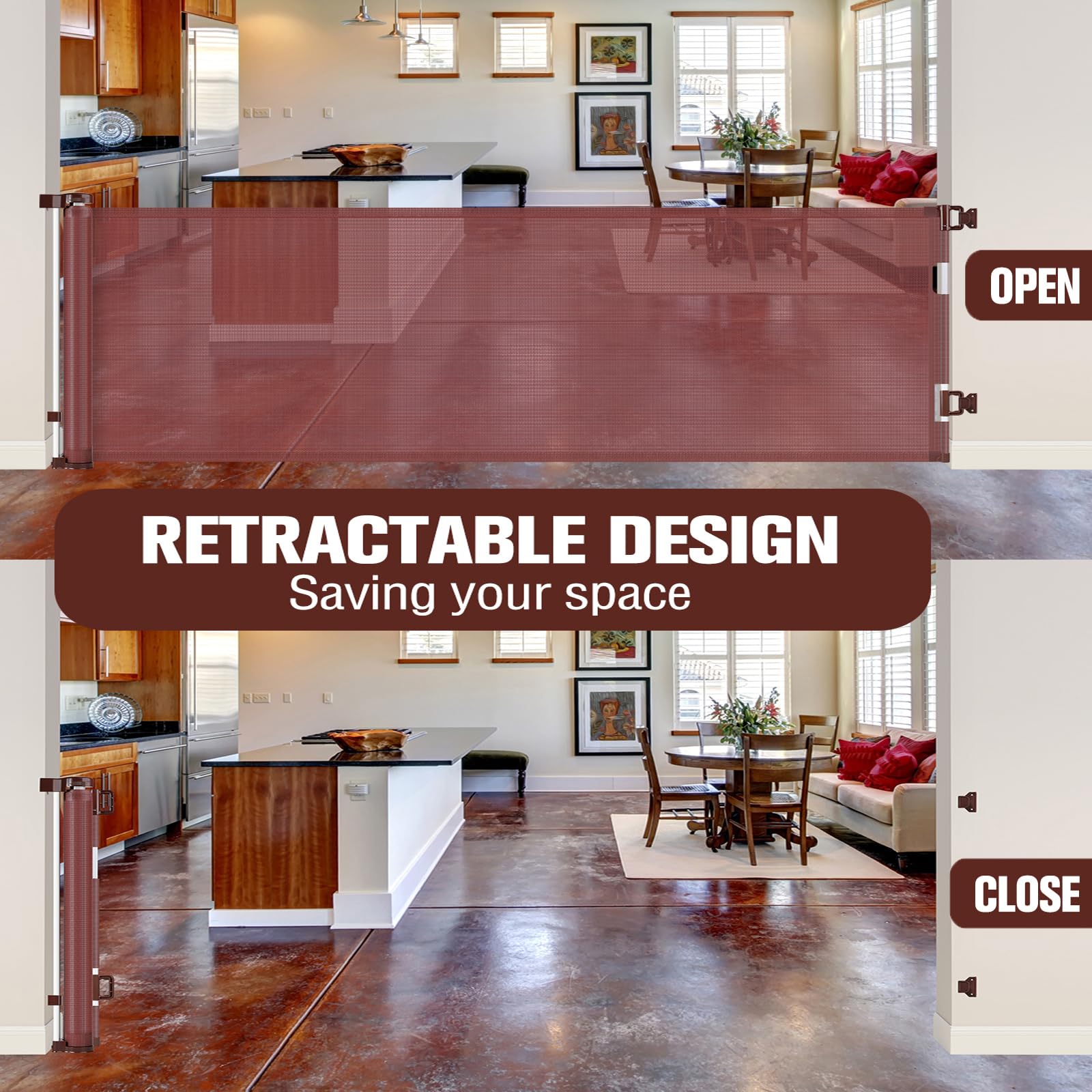 **110 Inch Extra Wide Retractable Baby & Dog Gate for Large Openings - Indoor/Outdoor Safety Barrier for Doorways, Stairs, Decks - Durable Brown Pet & Child Proof Gate for Home Use**