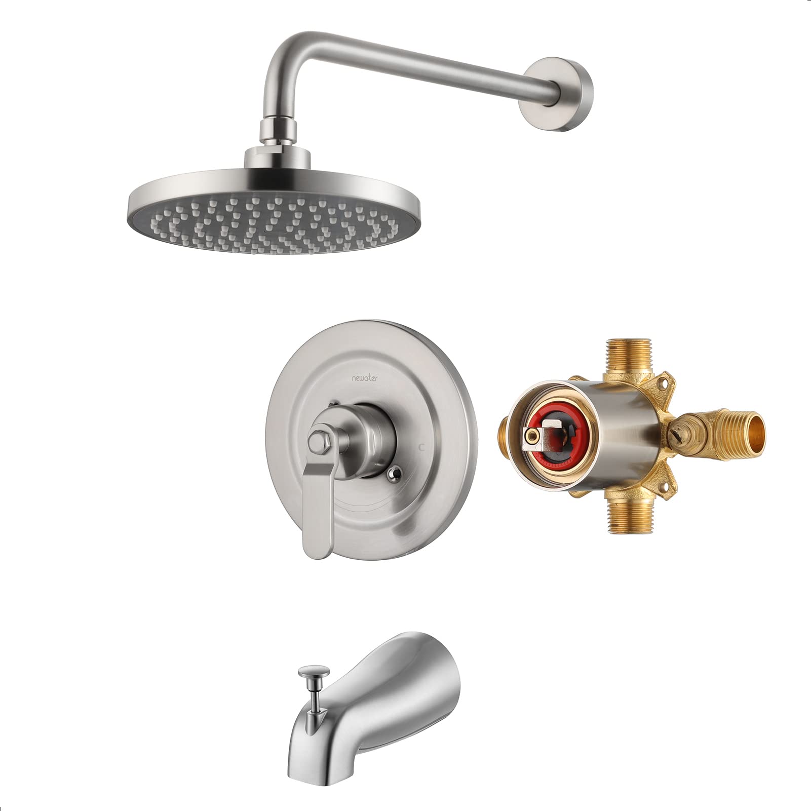 NEWATER Brushed Nickel Shower Faucet Set with 8-Inch Rainfall Shower Head & Tub Spout - Single Handle Pressure Balancing Valve Included - Wall Mounted Shower Tub Combo Kit for Bathroom Remodeling & Modern Home Upgrade