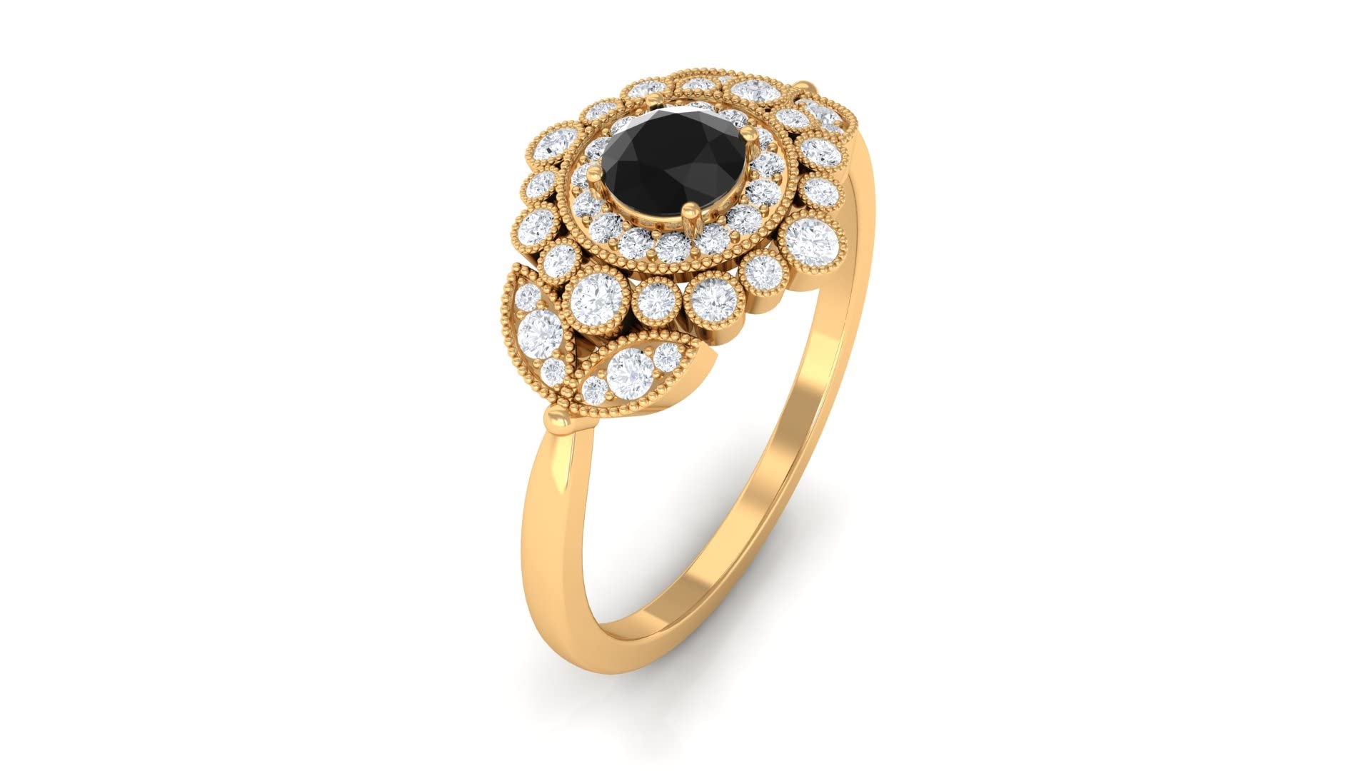 1 CT Black and White Diamond Vintage Ring - Certified Black Diamond Engagement Ring - 14K Solid Gold Milgrain Band - Perfect for Weddings, Anniversaries & Special Occasions